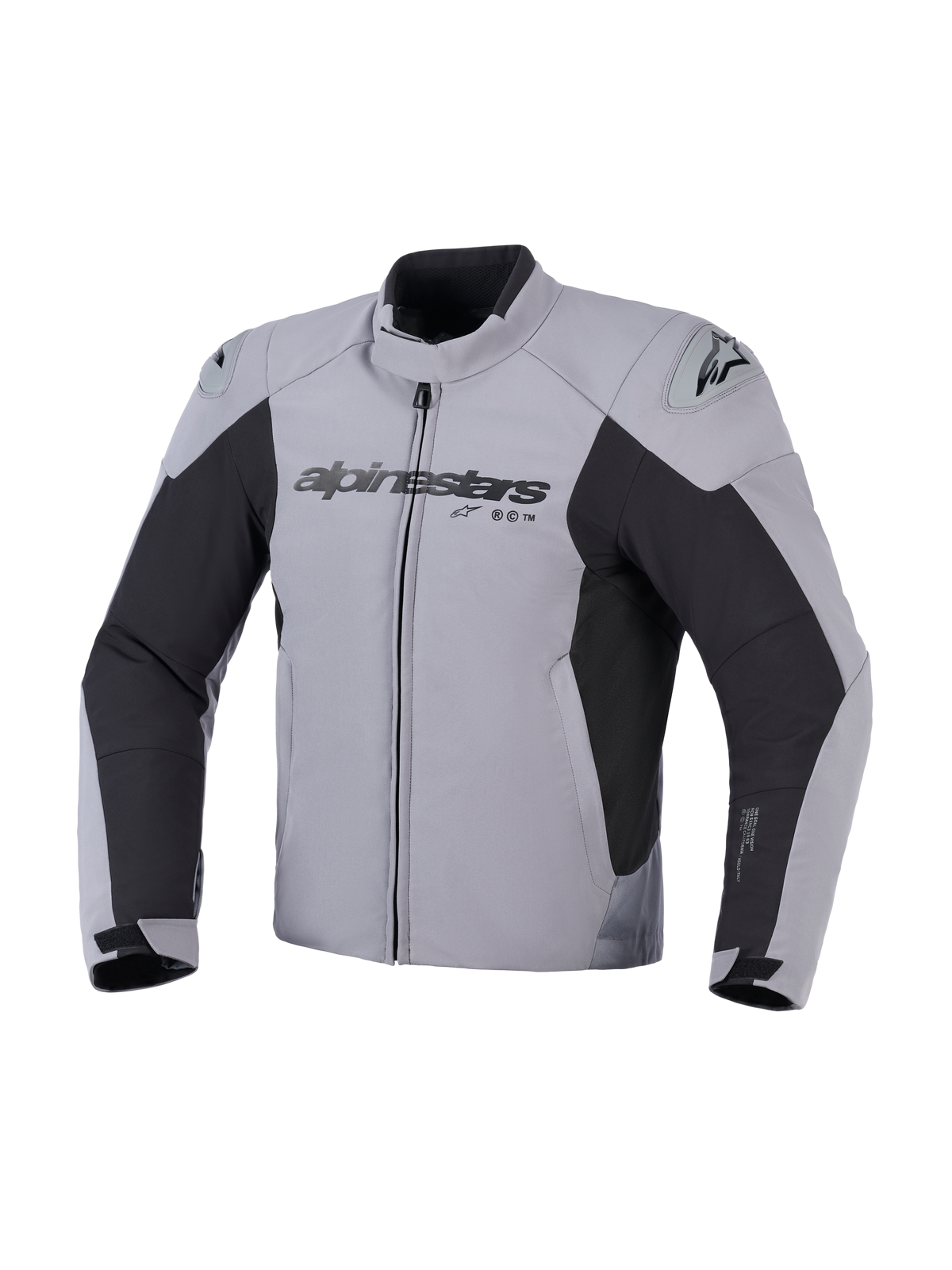 Veste imperméable Alpinestars SMX, veste de moto, gris foncé et noir, vue de face avec logo Alpinestars sur la poitrine et sliders d'épaule DFS Lite, design textile sport pour la route