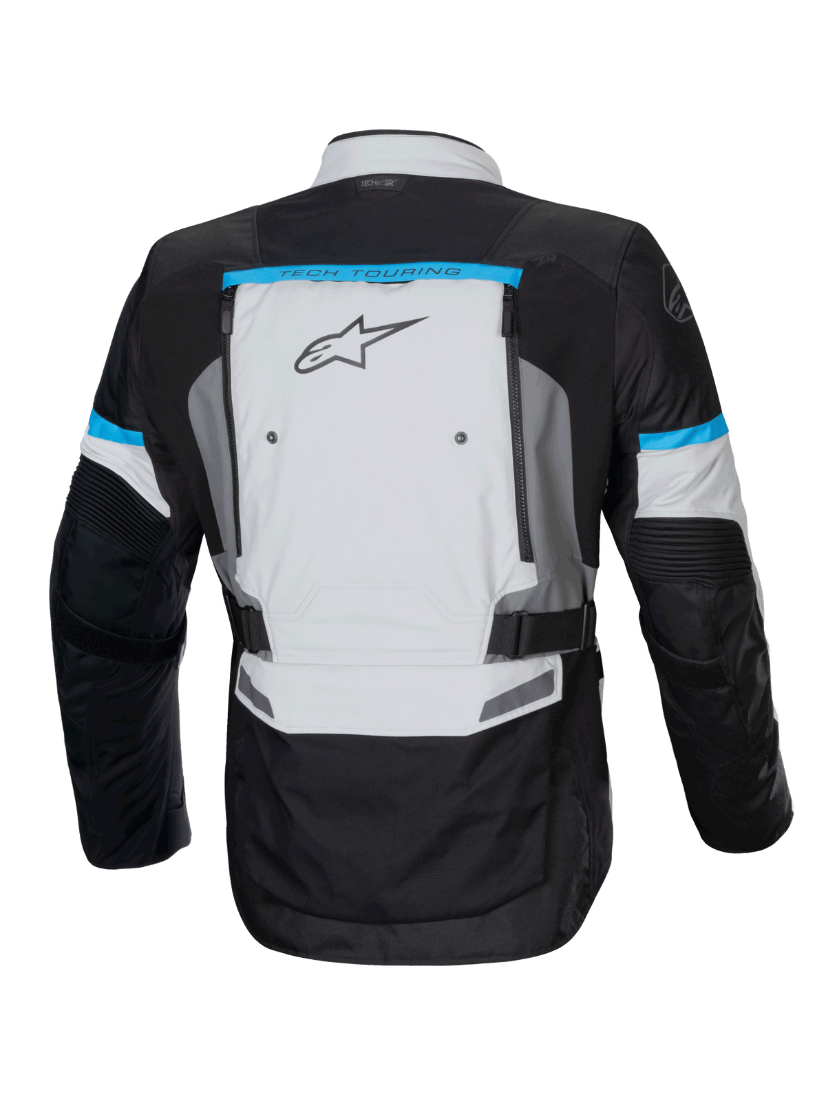 Alpinestars Bogotá Pro Drystar, veste de moto touring pour homme, gris glacier et noire avec accents cyan, vue de dos mettant en évidence les panneaux de ventilation dorsale.