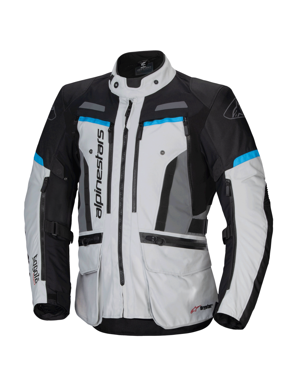 Veste Alpinestars Bogota' Pro Drystar®, veste de moto touring pour homme, gris glacier et noir avec accents cyan, imperméable
