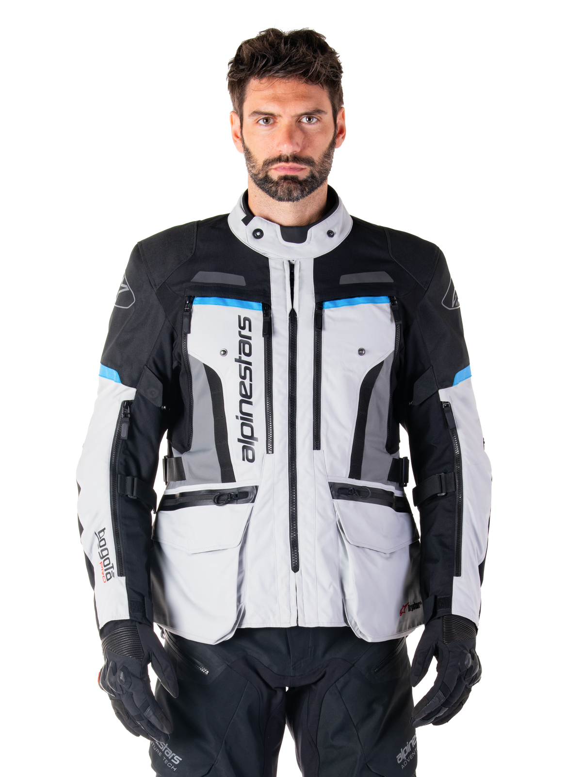Veste Alpinestars Bogota Pro Drystar pour homme, veste de moto touring grise, noire et bleu cyan, imperméable, vue de face.