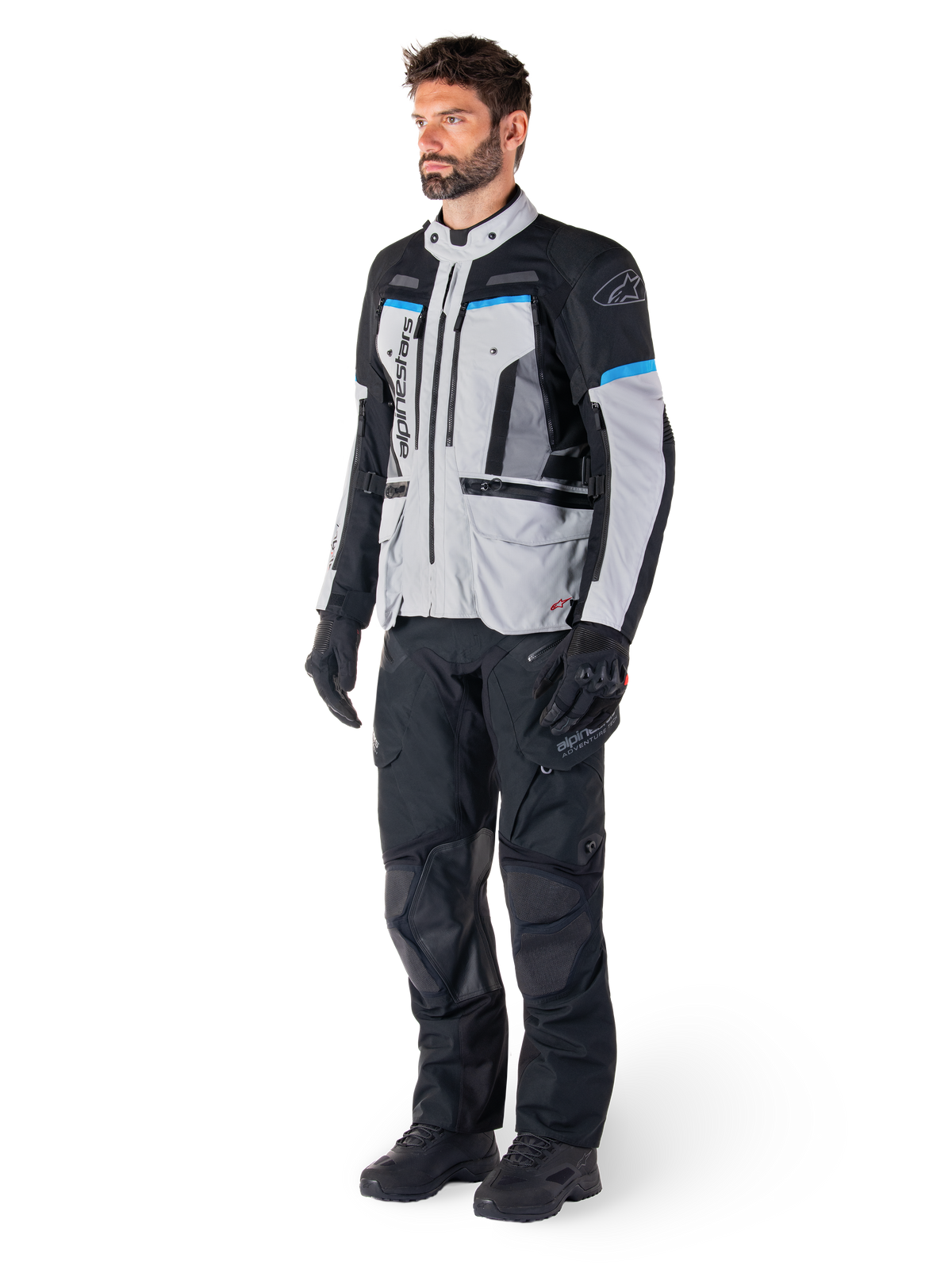 Alpinestars Bogota' Pro Drystar®, veste de moto touring homme, grise, noire et cyan, textile imperméable, Tech-Air® Ready.