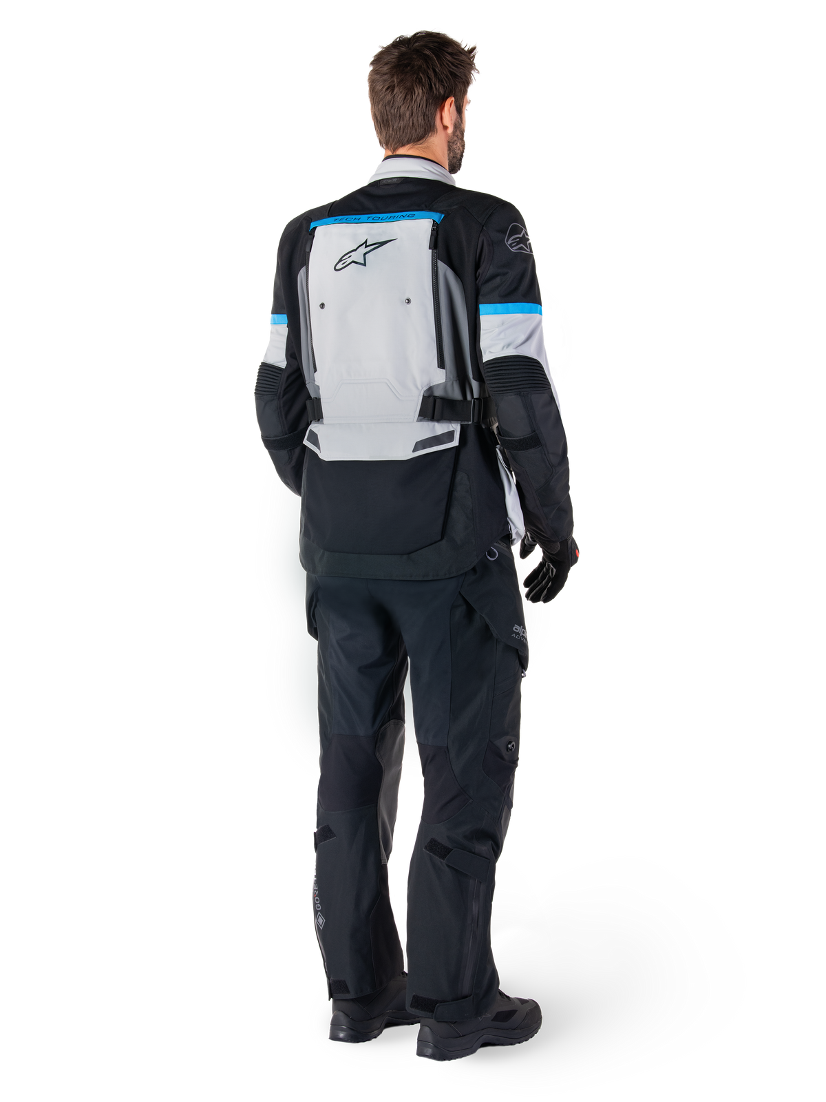 Veste Alpinestars Bogota' Pro Drystar® pour homme, veste de moto touring aventure gris glacier, noir et cyan, vue de dos.