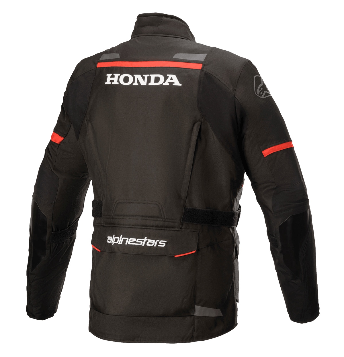 Veste Alpinestars Honda Andes V3 Drystar®, noire, vue arrière avec logos Honda et Alpinestars blancs, bandes contrastées rouges sur les épaules et les manches, veste de moto aventure touring avec détails réfléchissants et une grande poche utilitaire à l'arrière.