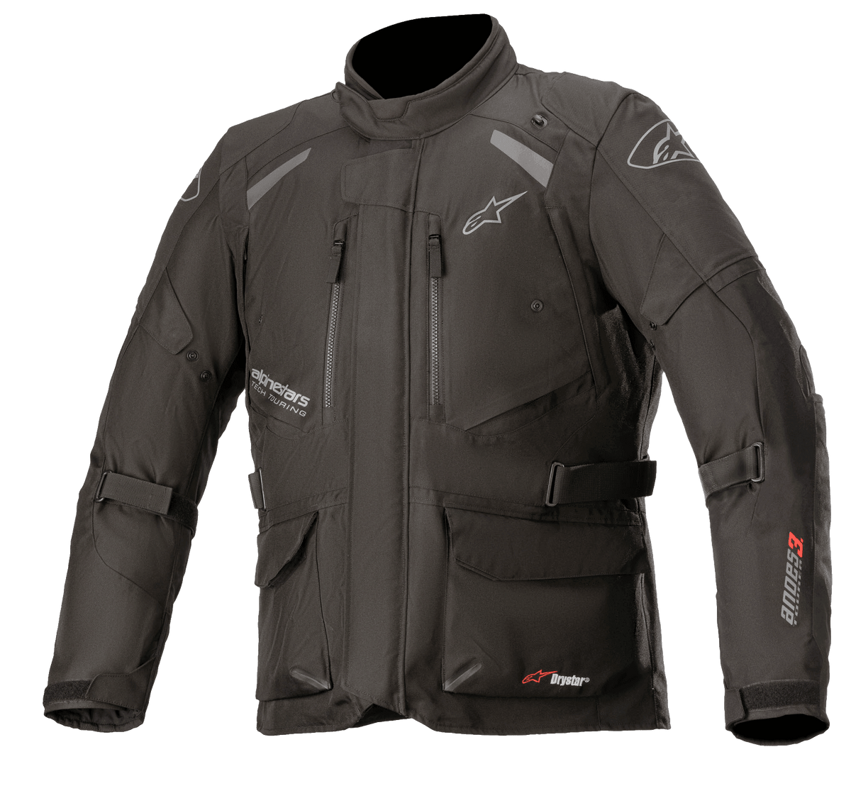 Alpinestars Andes V3 Drystar Jacket, Motorcycle Adventure Touring Jacket, Black with white and red branding, features multiple waterproof cargo pockets, adjustable straps for a custom fit, weather-resistant textile construction, reflective panels for visibility