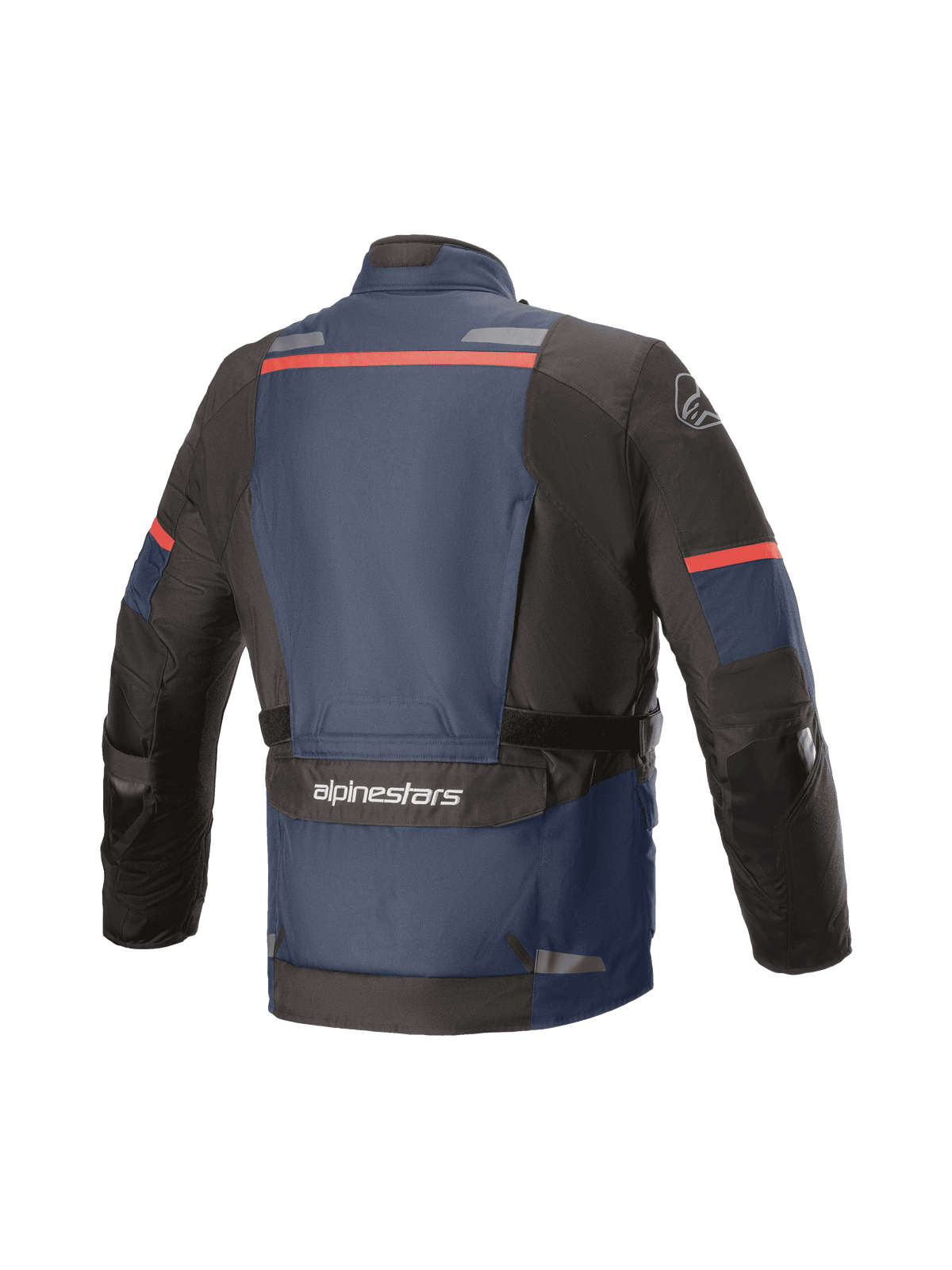 Alpinestars Andes V3 Drystar® Jacket, Adventure Touring Motorcycle Jacket, Rear View, Dark Blue and Black with Red accents, featuring a large lower back utility pocket with Alpinestars branding, reflective strips on the upper back, and reinforced elbow sections.