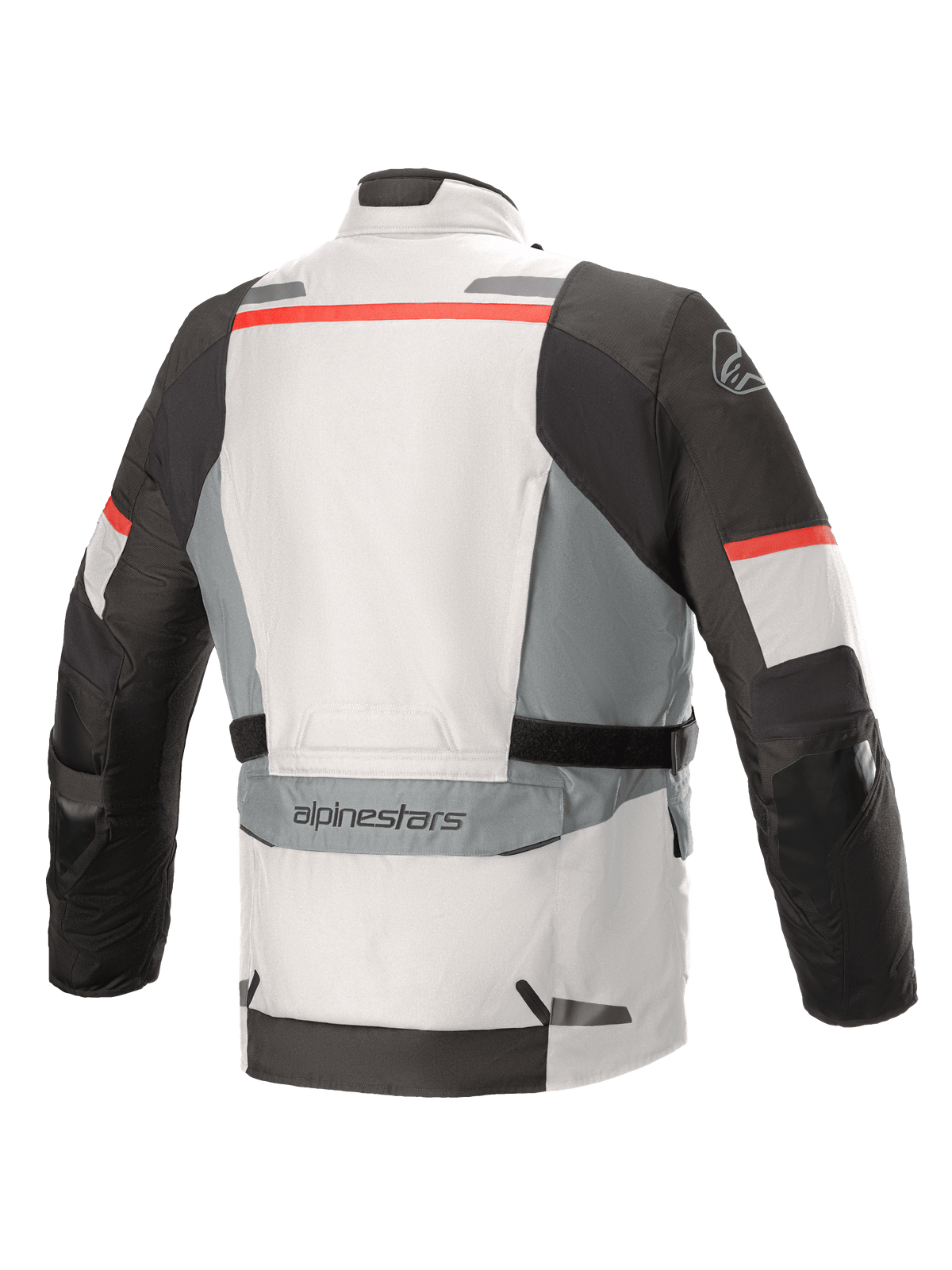 Veste Alpinestars Andes V3 Drystar®, Gris Glacé et Gris Foncé avec des accents rouges, vue de dos présentant une grande poche utilitaire en bas du dos, des sangles d'ajustement à la taille et des détails réfléchissants sur les épaules et l'ourlet.