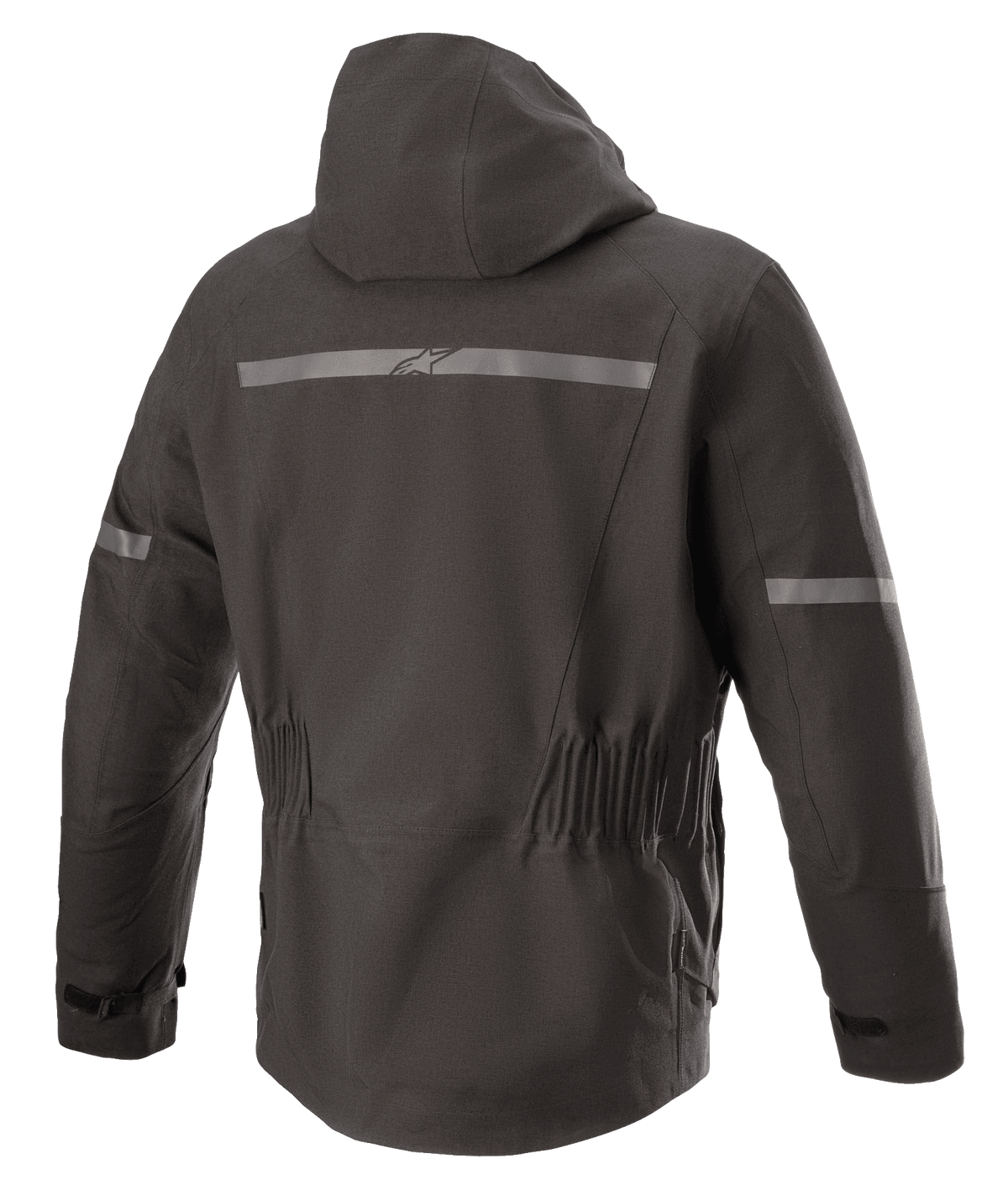 Alpinestars Sirius Drystar® Techshell Jacket, Motorcycle Jacket, Melange Black, back view featuring an integrated hood, reflective strip with Alpinestars logo, elasticized waist, and elongated rear for riding coverage.