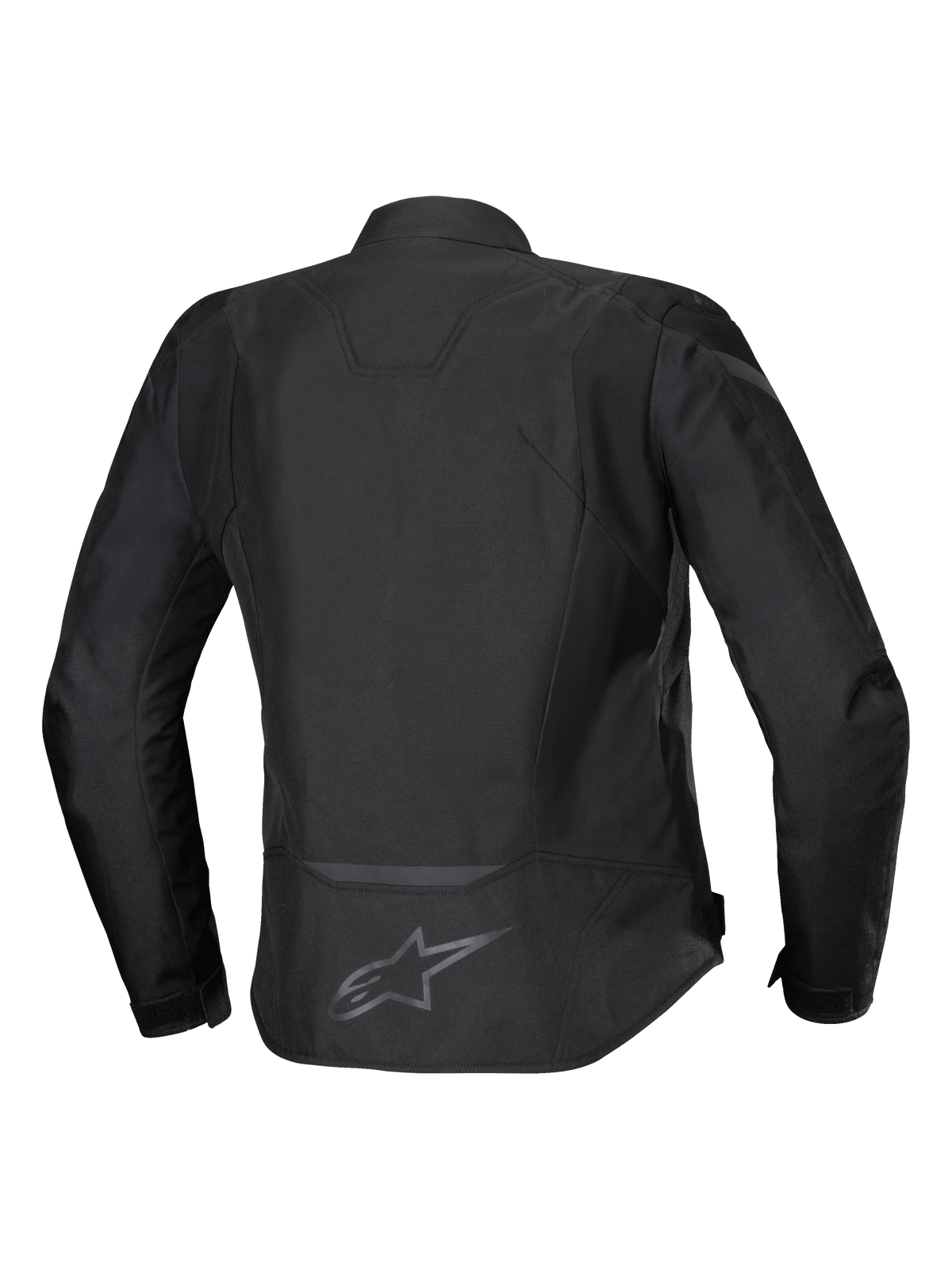 Veste imperméable Alpinestars Stella T-Jaws V4, veste de moto en textile pour femme, noir sur noir, vue arrière montrant la silhouette sportive ergonomique, les détails réfléchissants et le logo dans le bas du dos.