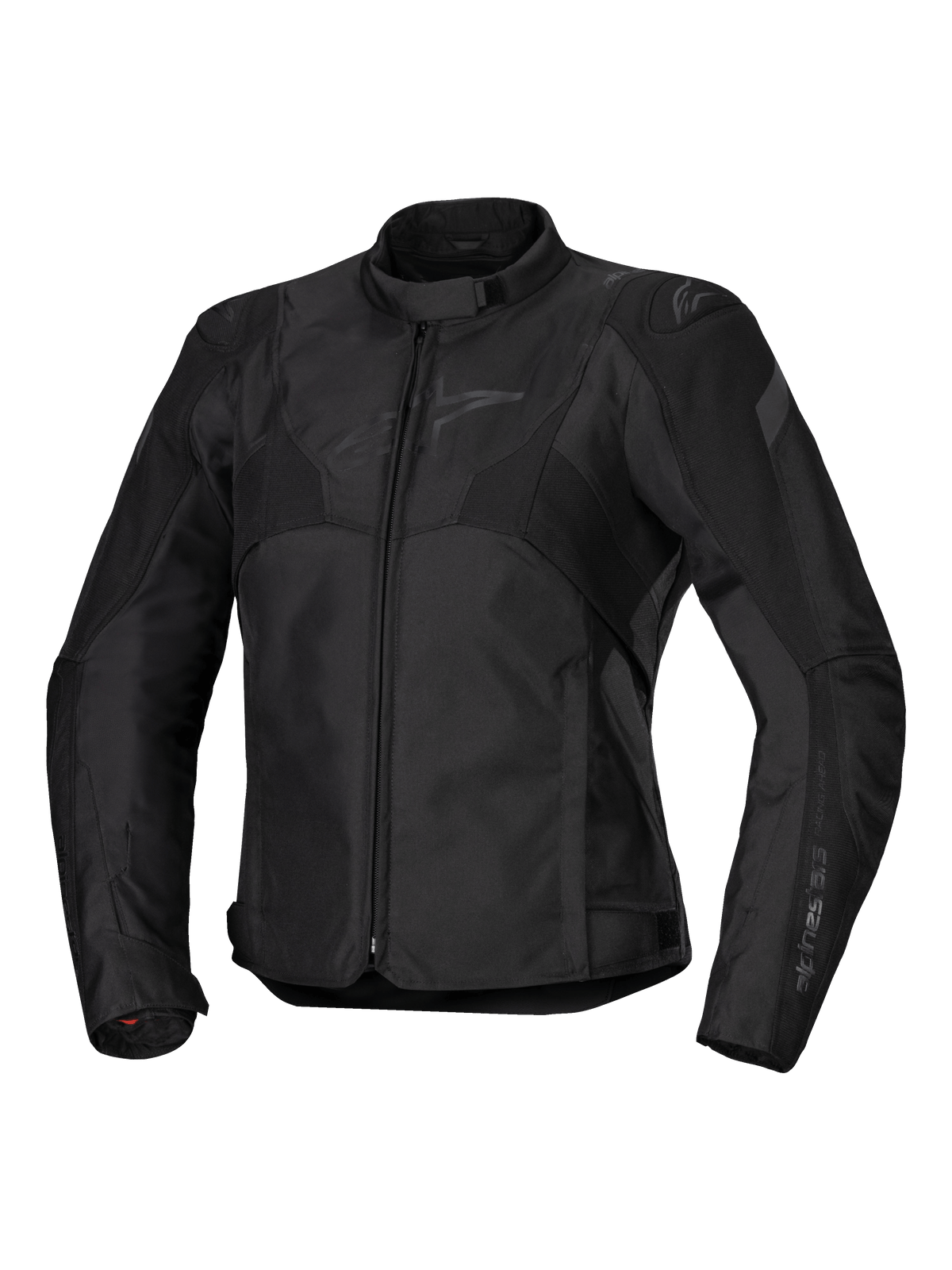 Alpinestars Stella T-Jaws V4 Waterproof Jacket, veste de moto pour femme, noir sur noir, fermeture éclair frontale, col ergonomique, logo Alpinestars discret sur la poitrine, construction textile durable avec une coupe sportive inspirée de la course