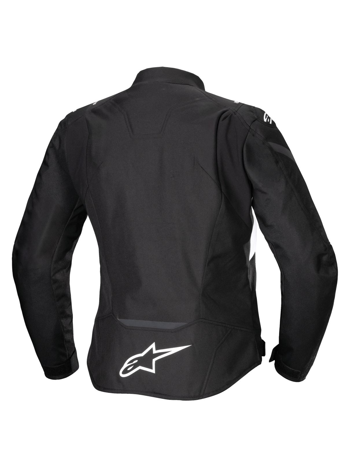 Veste imperméable Alpinestars Stella T-Jaws V4, veste de moto pour femme, noire avec des accents blancs, vue arrière avec logo Alpinestars blanc dans le bas du dos, design textile ajusté et sportif