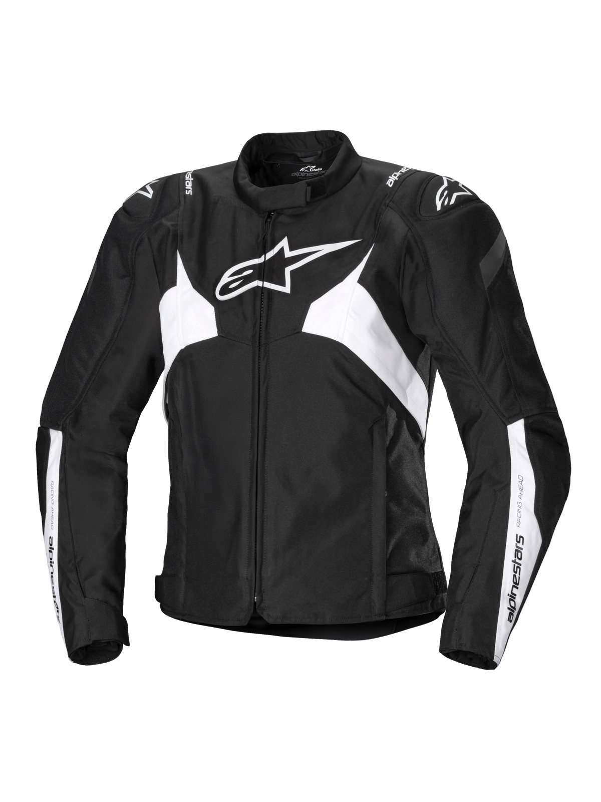 Veste imperméable Alpinestars Stella T-Jaws V4, veste de moto sport pour femme, noire et blanche, avec logo étoile blanc sur la poitrine, panneaux blancs angulaires sur le torse et les manches, et renforts d'épaules GP Lite, silhouette sport 3D ajustée