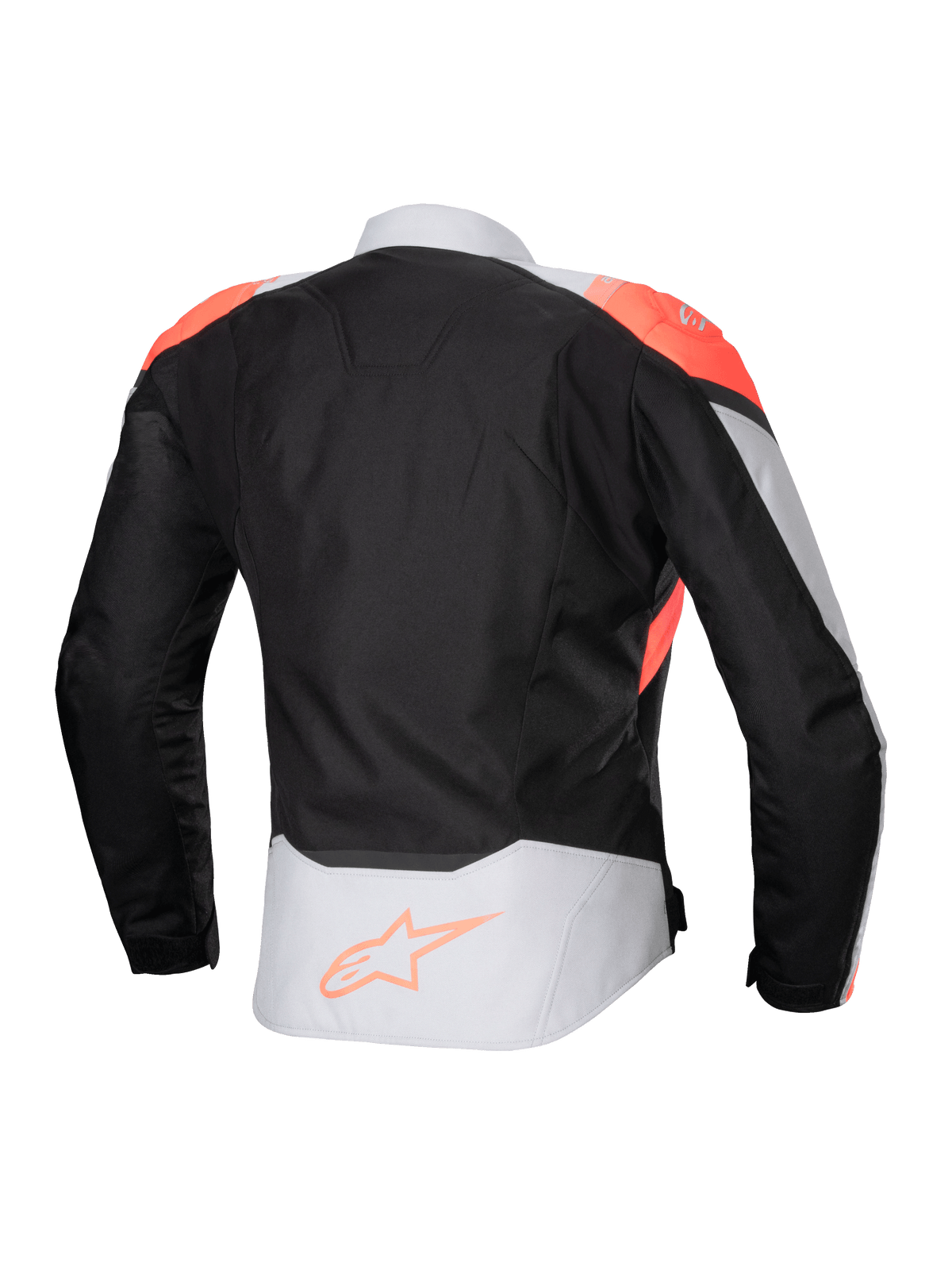 Veste imperméable Alpinestars Stella T-Jaws V4, veste de moto pour femme, noir, gris glace et corail fluo, vue arrière avec accents corail fluo sur les épaules et logo Alpinestars sur le bas du dos, construction en textile technique pour rouler par tous les temps