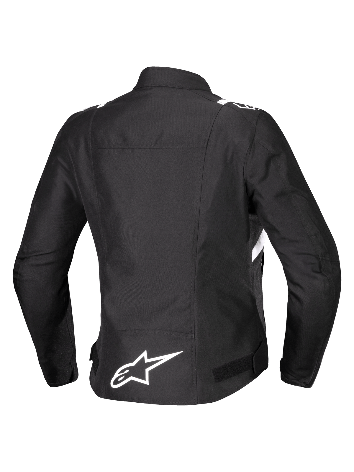 Alpinestars Stella T-SPS V2 Waterproof Jacket, vue arrière, veste de moto en textile pour femme, noire avec accents blancs, logo étoile Alpinestars blanc dans le bas du dos et silhouette sportive d'inspiration course