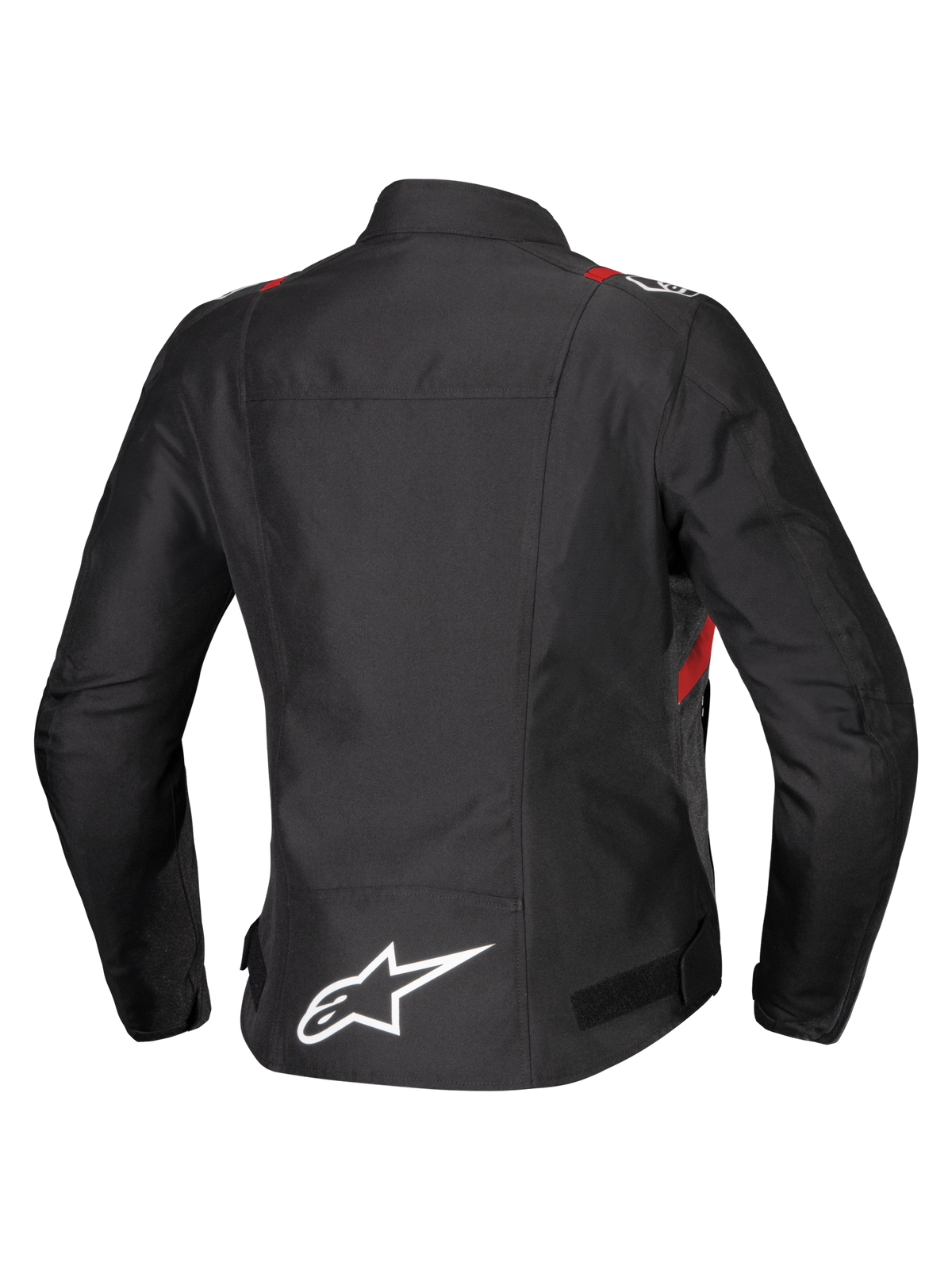 Veste imperméable Alpinestars Stella T-SPS V2, vue arrière, noire avec accents rouges et blancs, veste de moto en textile pour femme avec un grand logo Alpinestars blanc dans le bas du dos et une silhouette sportive