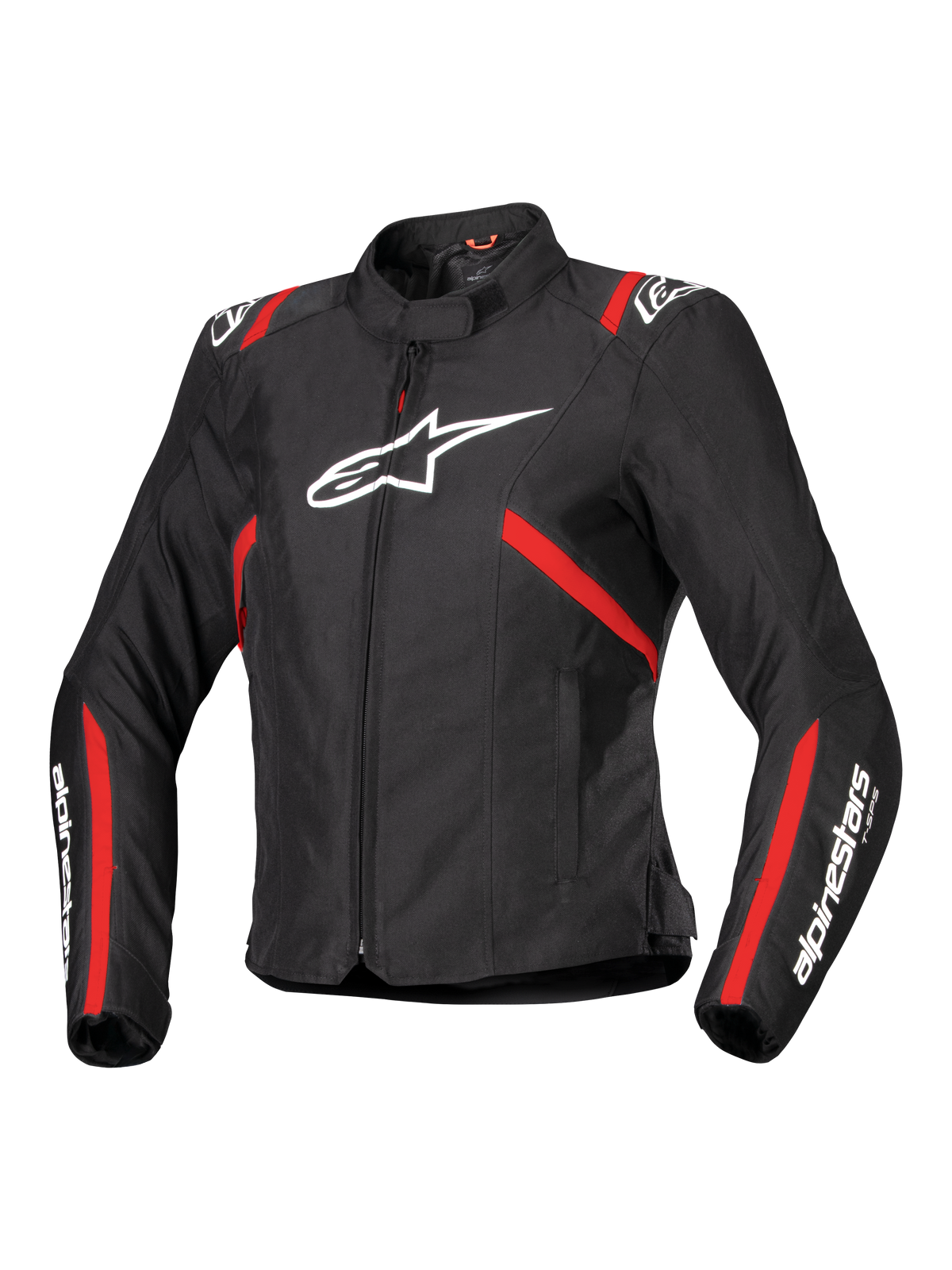 Alpinestars Stella T-SPS V2 Waterproof Jacket, veste de moto sport pour femme, noire avec bandes rouges et logos blancs, design ajusté inspiré de la course, avec col montant et fermeture éclair frontale