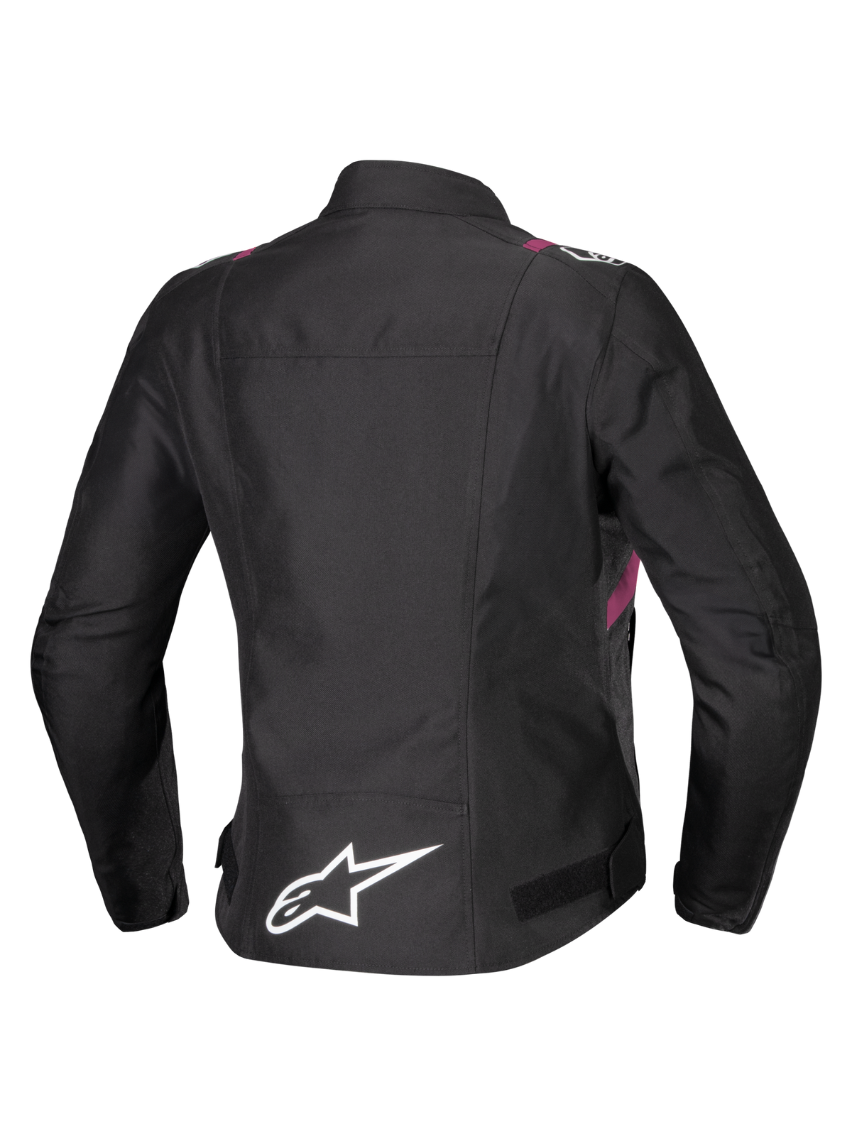Veste imperméable Alpinestars Stella T-SPS V2, veste de moto pour femme, noire avec des accents blancs et Diva Pink, vue arrière montrant le logo étoile blanc dans le bas du dos, silhouette d'inspiration sportive avec finition textile durable