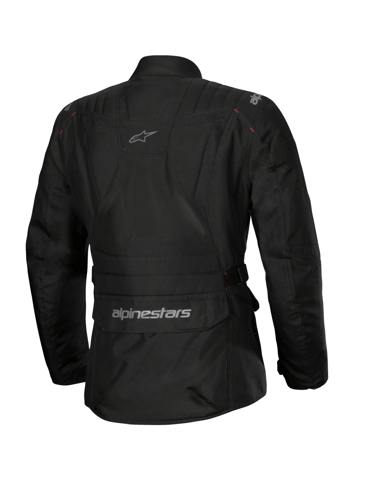 Alpinestars Stella ST-1 Waterproof Jacket, Women's Motorcycle Jacket, Black, rear view featuring a large lower back cargo pocket with logo, adventure touring design with subtle branding on the upper back, durable waterproof textile construction.