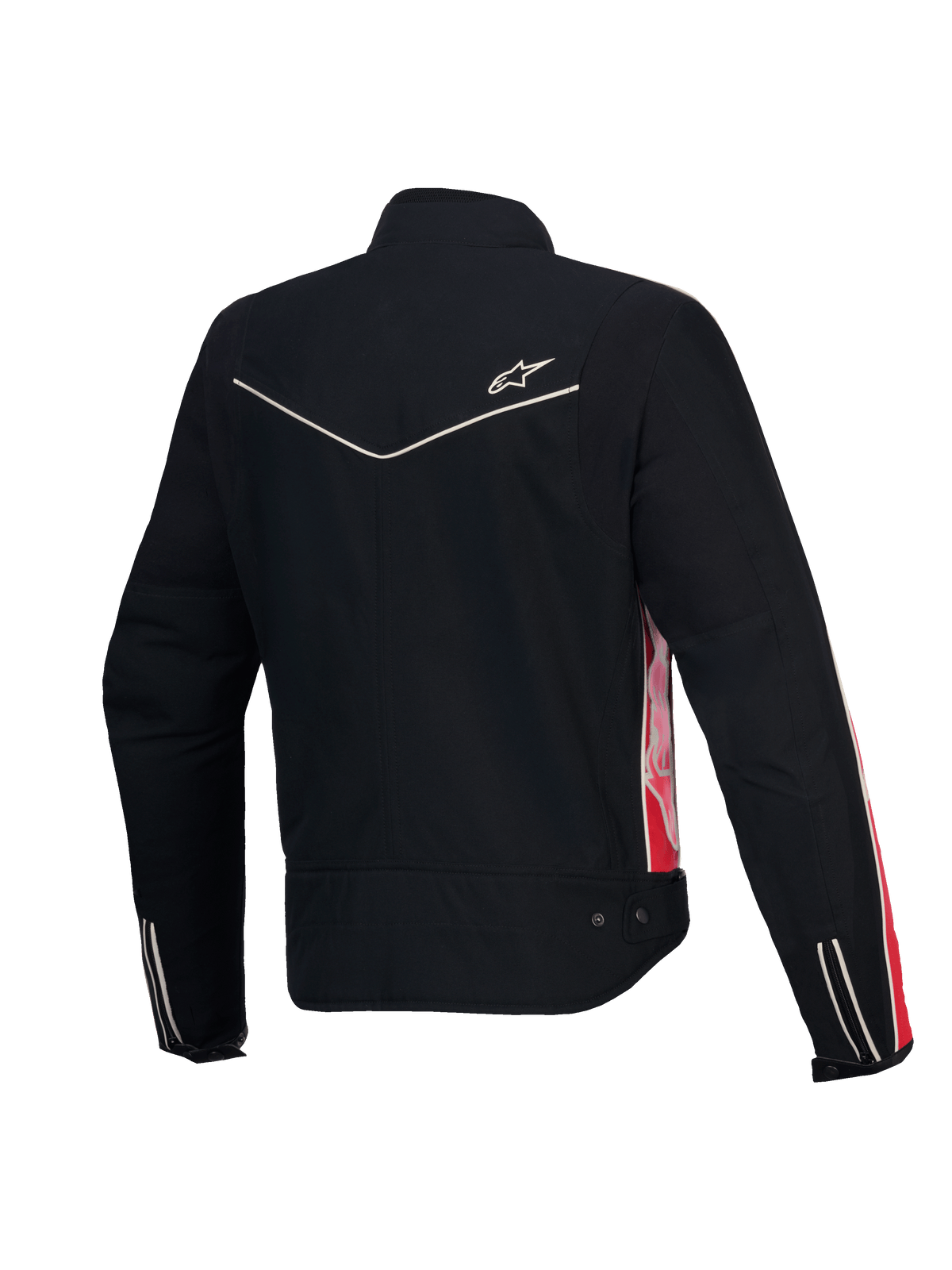 Alpinestars Stella T-Dyno WR, veste de moto en textile pour femme, vue de dos en noir avec des détails rouge vif et fuchsia, certifiée CE, coupe biker vintage
