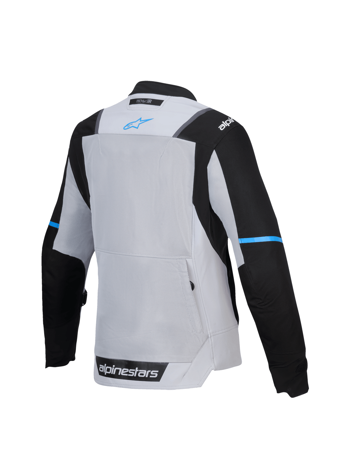 Alpinestars Veste Stella ST-2 Air, veste de moto touring pour femme, vue de dos avec panneau de ventilation en mesh et poche arrière, gris glacier et noire avec logo bleu, certifiée CE niveau AA, compatible Tech-Air