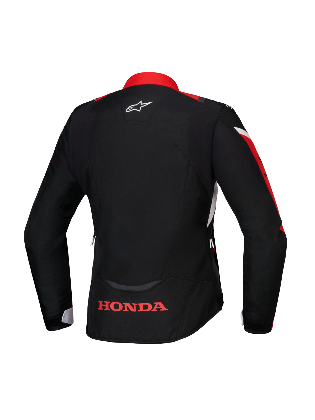Alpinestars Honda Stella T-Jaws V4 WP Jacket, Rear view, Black with Bright Red and White accents, featuring red Honda logo on the lower back and white Alpinestars logo on the neck, women's sport fit waterproof textile jacket