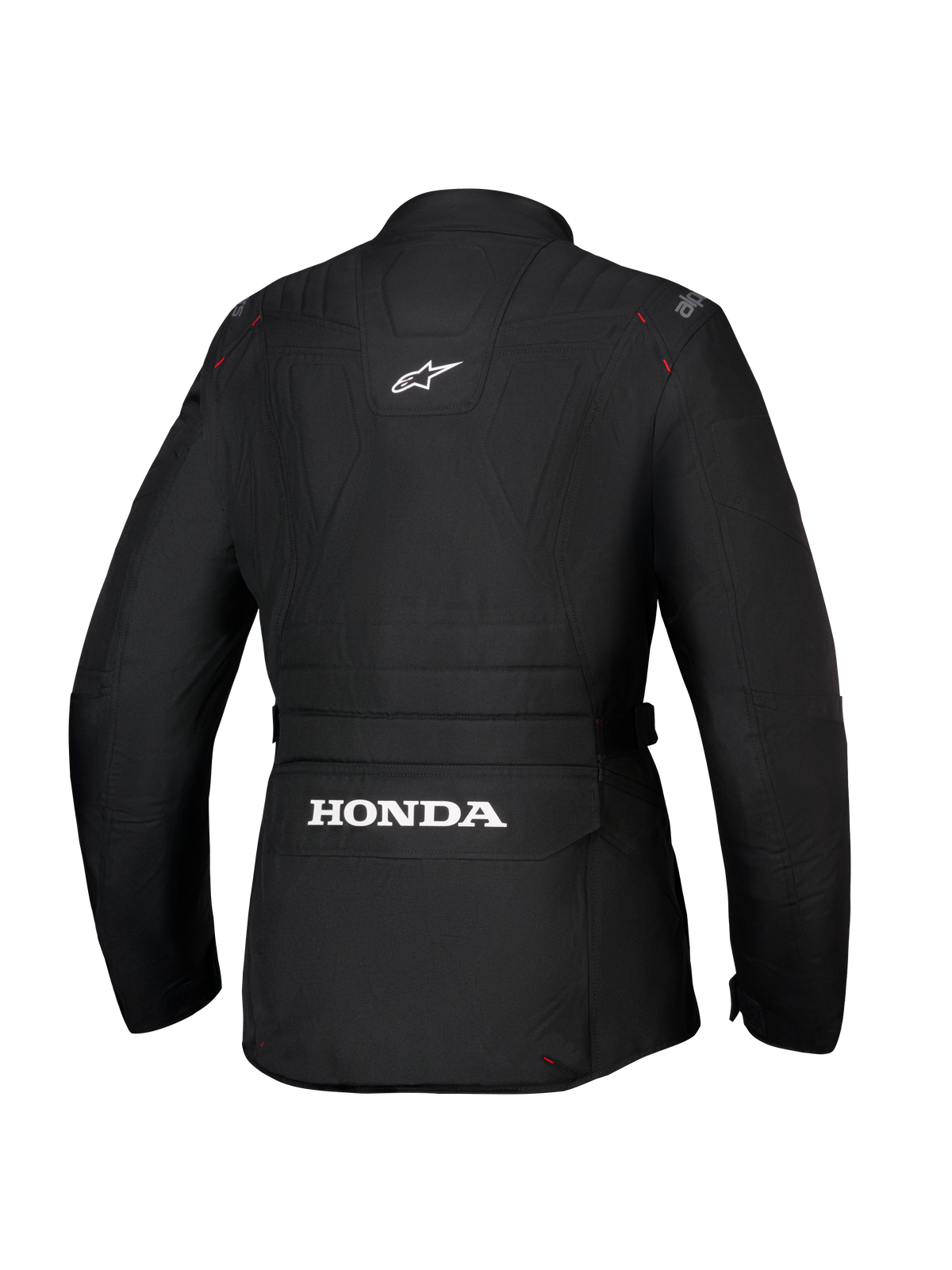 Alpinestars Honda Stella ST-1 WP Jacket, veste de moto imperméable pour femme, noire, vue arrière montrant un grand logo Honda blanc sur la poche cargo au bas du dos, logo Alpinestars sur le haut du dos, construction en textile technique avec silhouette adventure touring et détails de surpiqûres rouges.