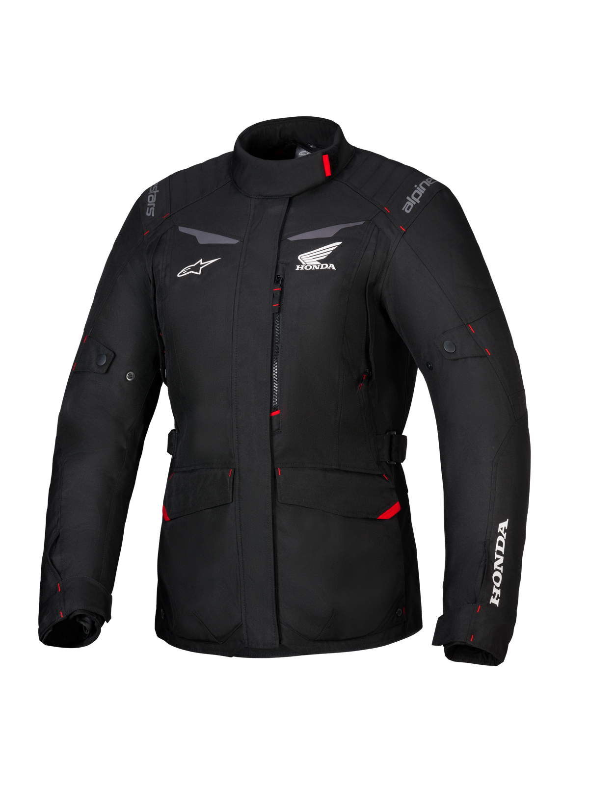 Veste Honda Stella ST-1 WP, veste de touring imperméable pour femme, noire avec accents rouges et logos Honda blancs, col haut, fermeture éclair frontale, poches cargo extensibles, équipement d'aventure en textile durable