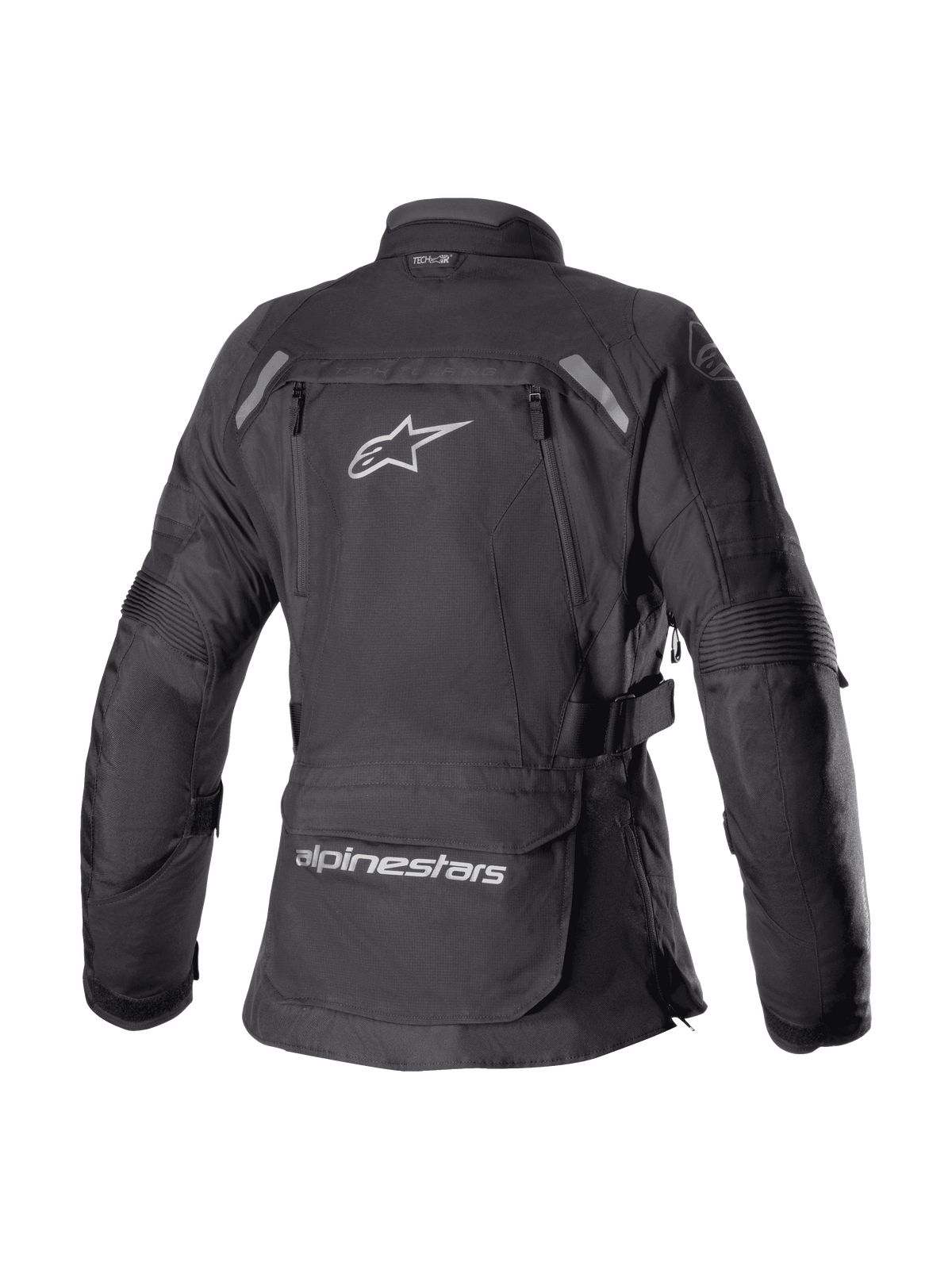Veste Alpinestars Stella Bogota' Pro Drystar® pour femme, noire, vue arrière de la veste de touring aventure en textile avec un grand logo Astar blanc, poche de rangement dans le bas du dos avec marquage et détails réfléchissants aux épaules