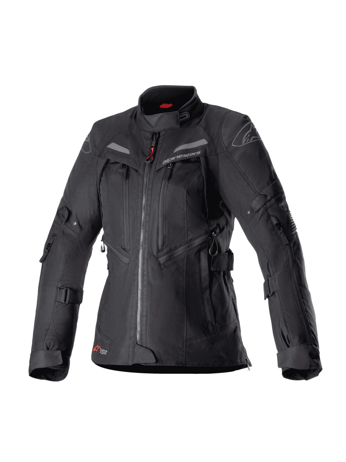 Alpinestars Stella Bogota Pro Drystar pour femme, veste de moto touring aventure noire, construction textile imperméable avec multiples fermetures éclair frontales et panneaux de ventilation, sangles réglables sur les manches et à la taille, discrets accents rouges et logo Alpinestars.