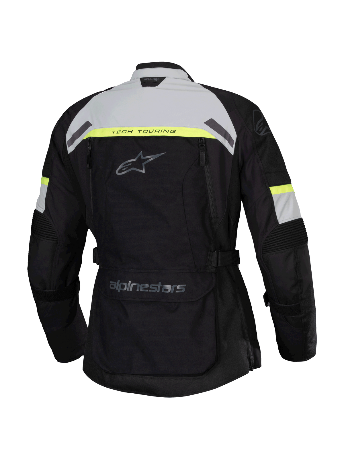 Veste Alpinestars Stella Bogota' Pro Drystar®, vue arrière, noir avec des accents gris glace et jaune fluo, veste de moto d'aventure touring pour femme avec marquage Tech Touring et une grande poche utilitaire au bas du dos