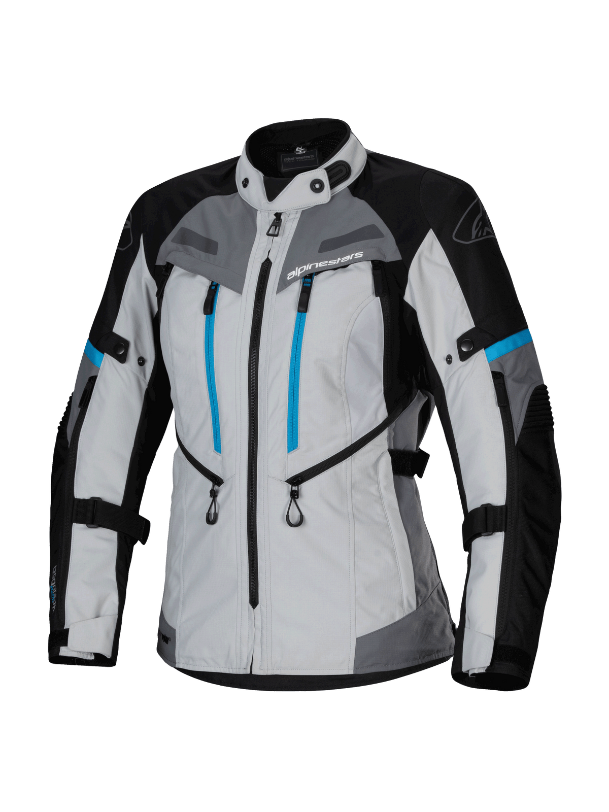 Alpinestars Stella Bogota' Pro Drystar® Jacket, veste d'aventure touring pour femme, gris glacé, noir et cyan, avec membrane imperméable Drystar®, deux fermetures éclair verticales bleues sur la poitrine, sangles de réglage aux bras et à la taille, et panneaux de protection renforcés