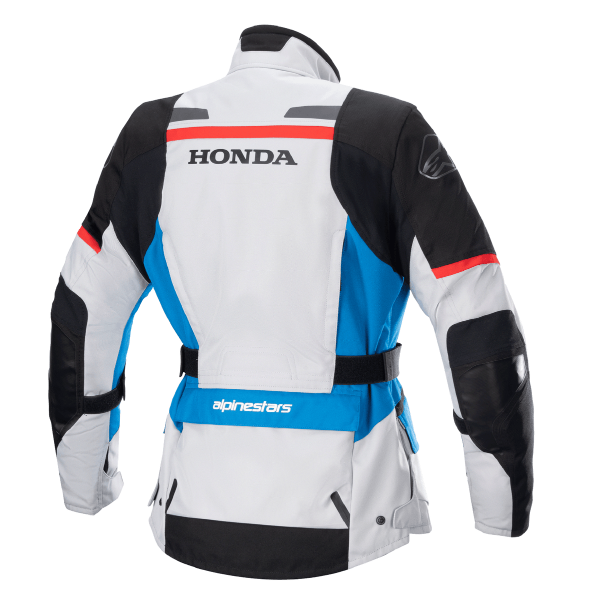 Veste Alpinestars Stella Honda Andes V3 Drystar® pour femme, vue arrière, gris glacé avec accents bleus et rouge vif, marquage HONDA noir dans le dos, logo Alpinestars sur l'épaule et le bas du dos, ceinture réglable, veste de moto textile adventure touring