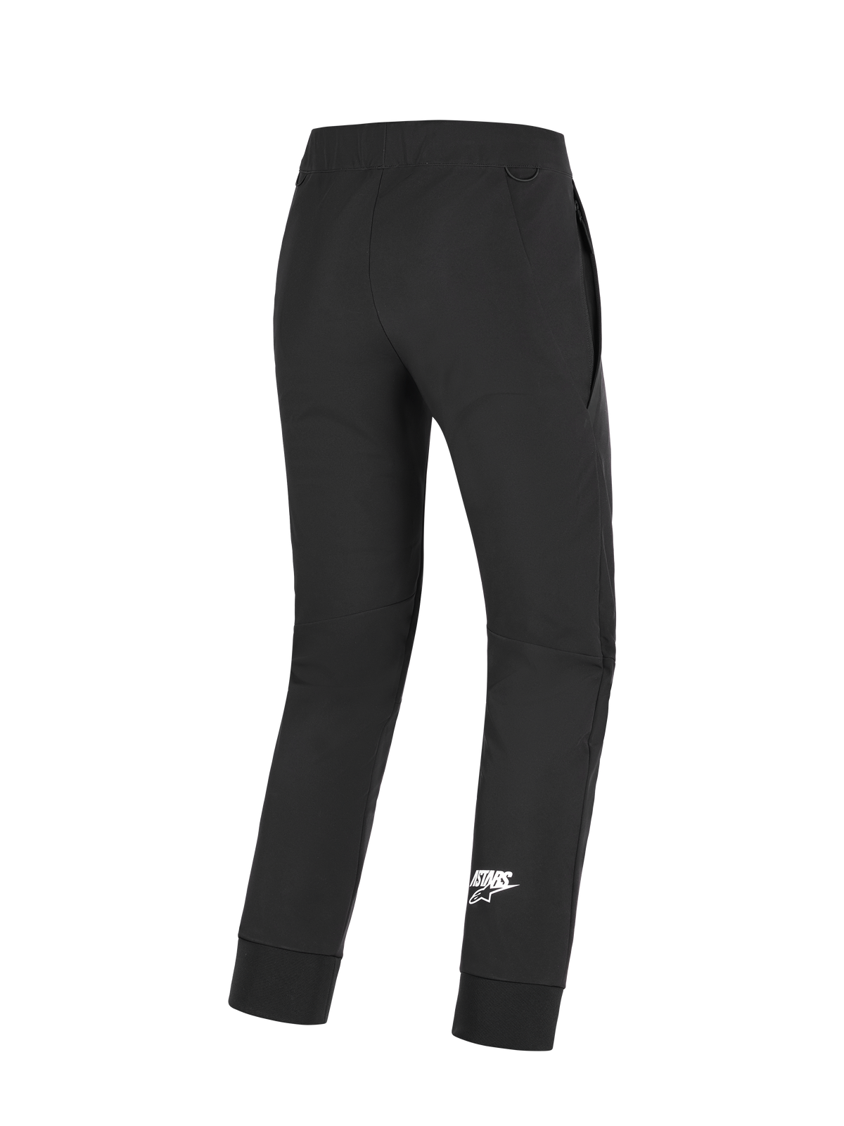 Pantalons Alpinestars Aeroshell, pantalon de moto, noir, vue arrière montrant le logo Astars blanc sur le bas de la jambe, doté d'un tissu softshell extensible, de genoux pré-courbés et d'ourlets élastiques
