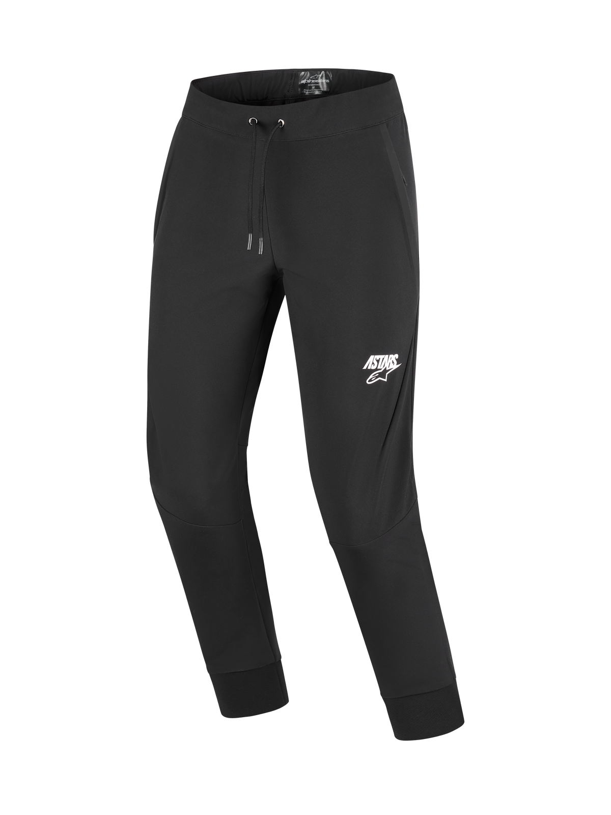 Pantalon Alpinestars Aeroshell, pantalon de moto en softshell, noir avec logo ASTARS blanc sur la cuisse gauche, doté d'une taille élastique à cordon et de chevilles côtelées, conçu pour les motards urbains et de touring décontracté