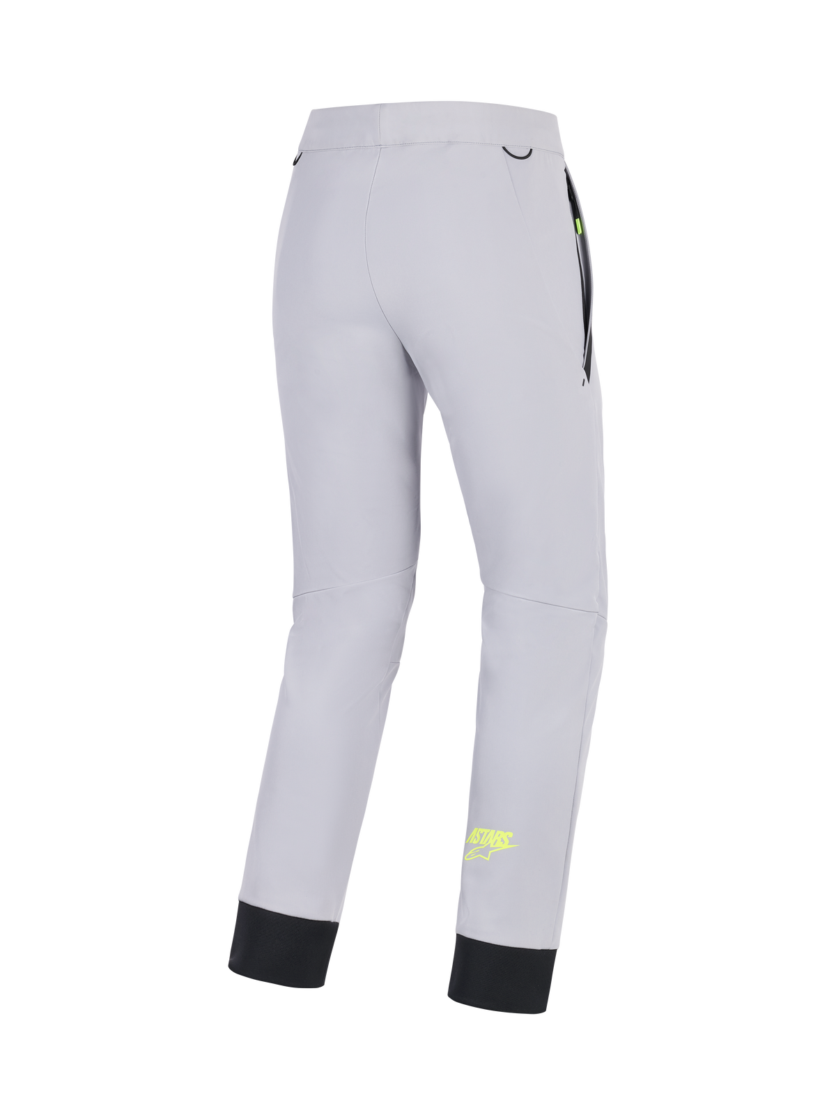 Alpinestars Pantalon Aeroshell, pantalon de moto softshell pour homme, gris moyen et jaune fluo, vue de dos montrant la construction stretch, l'ourlet inférieur élastique et les détails de poches