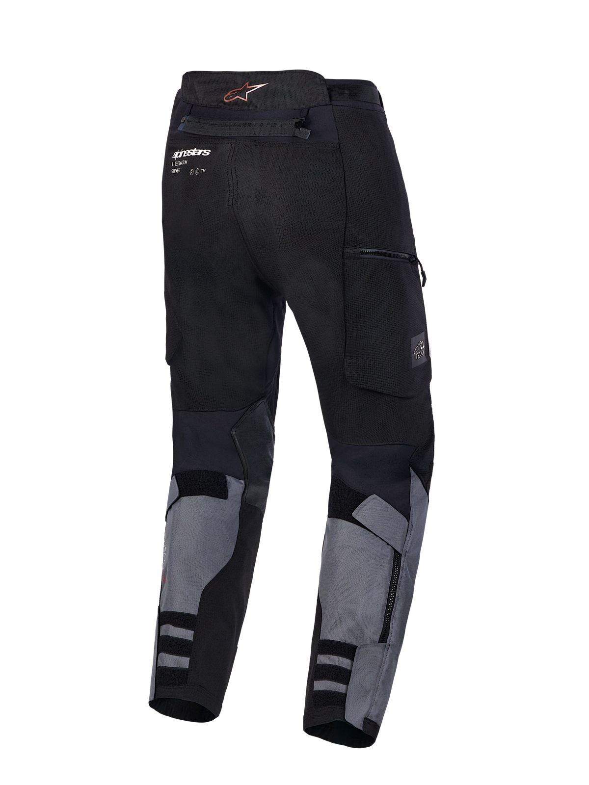 Alpinestars Harok V 2 Drystar, pantalons de moto touring adventure, gris foncé et noirs, vue de dos montrant la construction textile durable et les poches cargo
