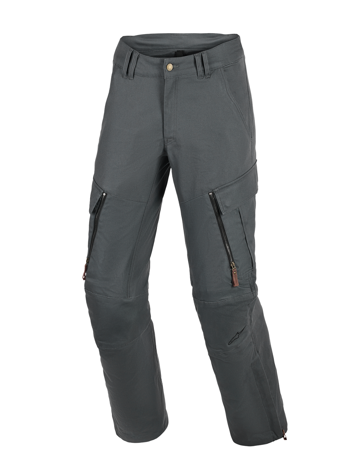 Pantalon Alpinestars Borrego Drystar®, pantalon moto aventure, gris anthracite, aspect toile cirée avec aérations zippées sur les cuisses et poches cargo, construction en textile durable avec renforts aux genoux