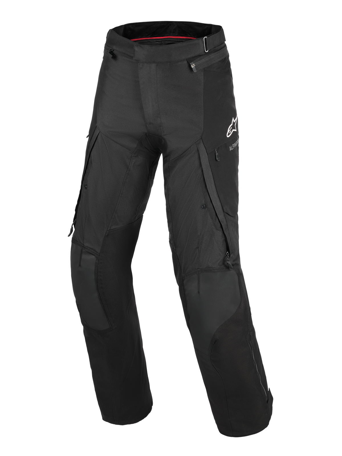 Alpinestars Andes V4 Drystar® Pants - Long, pantalon de moto touring aventure noir, doté de grandes poches cargo, de panneaux renforcés aux genoux, de ventilations zippées sur les cuisses et d'un logo Alpinestars blanc sur la cuisse gauche.