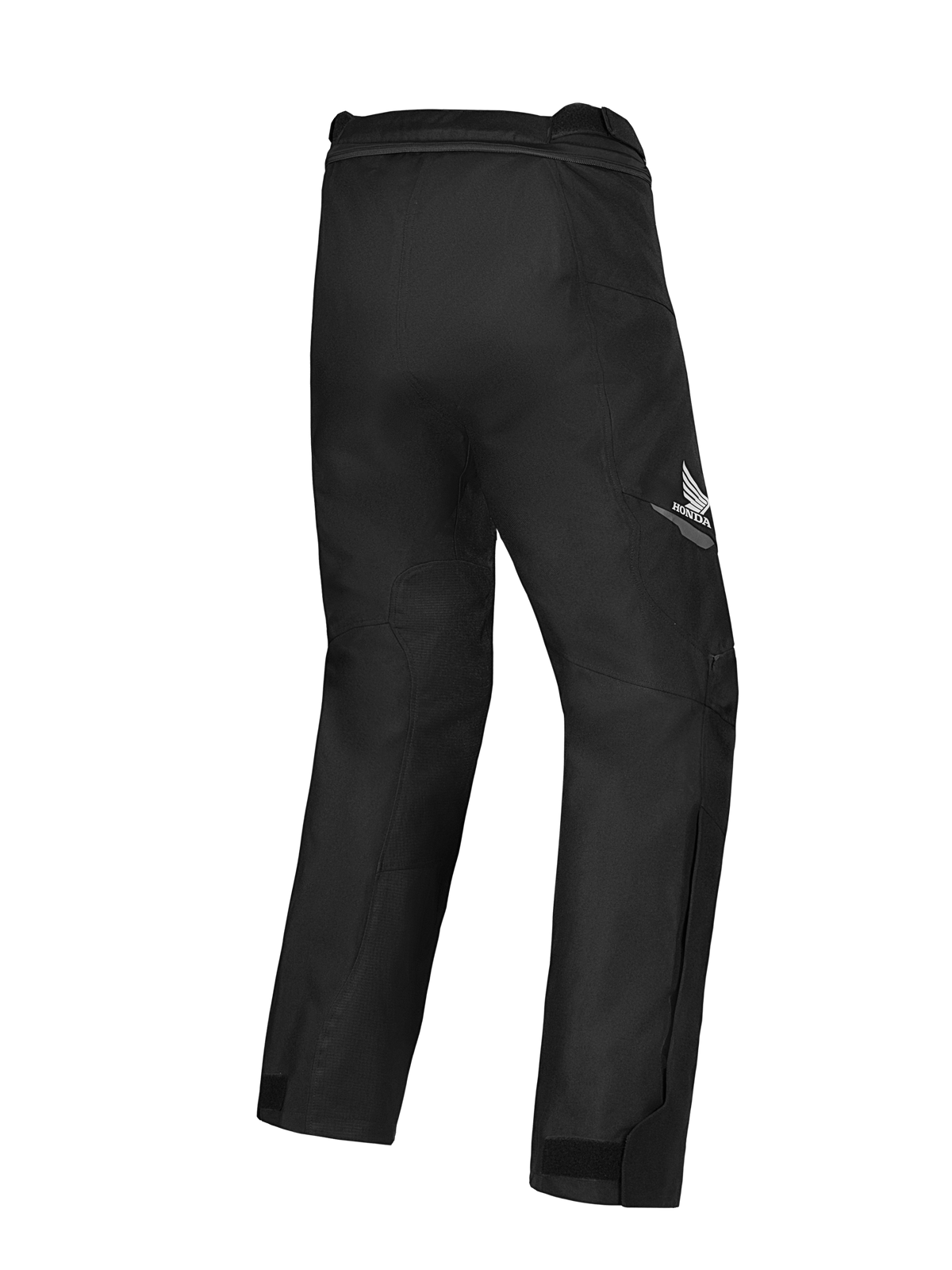 Pantalon imperméable Alpinestars Honda ST-1, pantalon de touring moto, noir, vue arrière montrant le logo ailé Honda sur la cuisse, design textile épuré avec mobilité ergonomique et fermeture éclair de connexion à la taille.