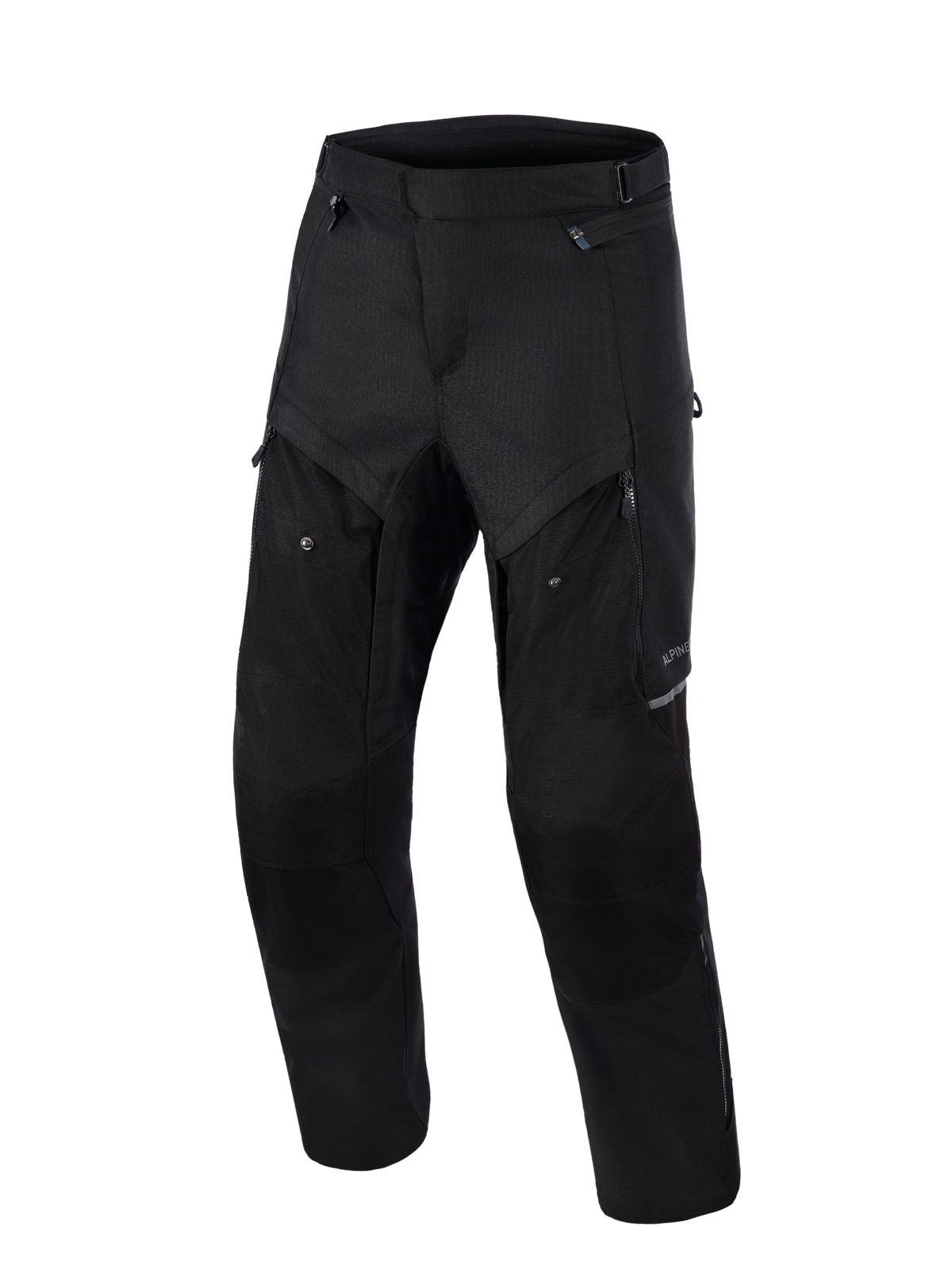 Alpinestars Cusco Drystar® Pants, Adventure Motorcycle Pants, Black, front view, featuring zippered thigh ventilation panels, durable textile ripstop construction, and ergonomic design for road and adventure touring