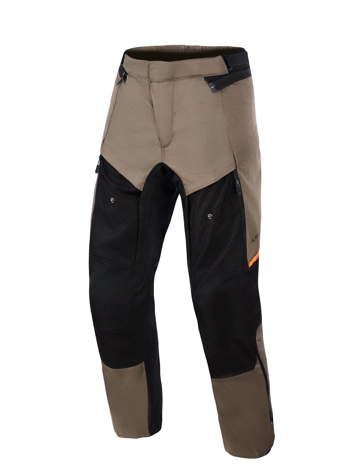 Alpinestars Cusco Drystar® Pants, pantalon de moto d'aventure, Walnut Black, vue de face, empiècements marron noyer et noirs avec accents orange, larges ventilations zippées sur les cuisses et construction textile durable.