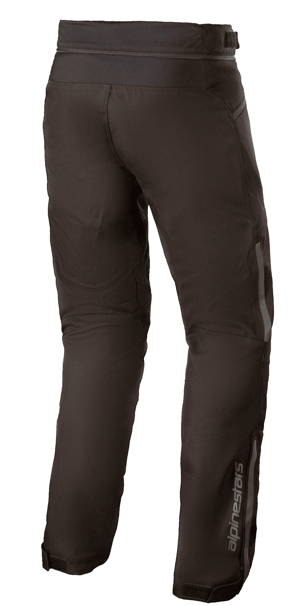 Pantalon imperméable Alpinestars AST-1 V2, noir, pantalon de moto en textile, vue latérale arrière montrant les détails réfléchissants, logo Alpinestars sur le bas de la jambe, fermeture éclair de connexion à la taille et bas de jambe ajustables pour une protection par tous les temps