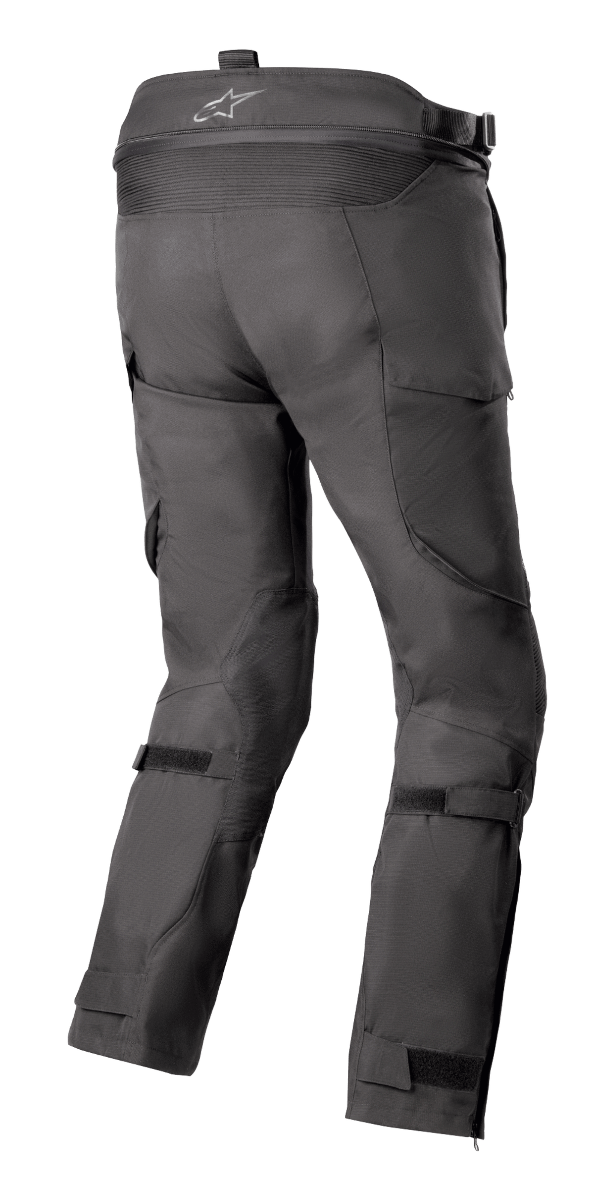 Pantalon Alpinestars Bogotá Pro Drystar® 4 Saisons, noir, vue arrière d'un pantalon de moto adventure touring montrant le logo sur la ceinture, des panneaux stretch en accordéon et des sangles de réglage aux jambes
