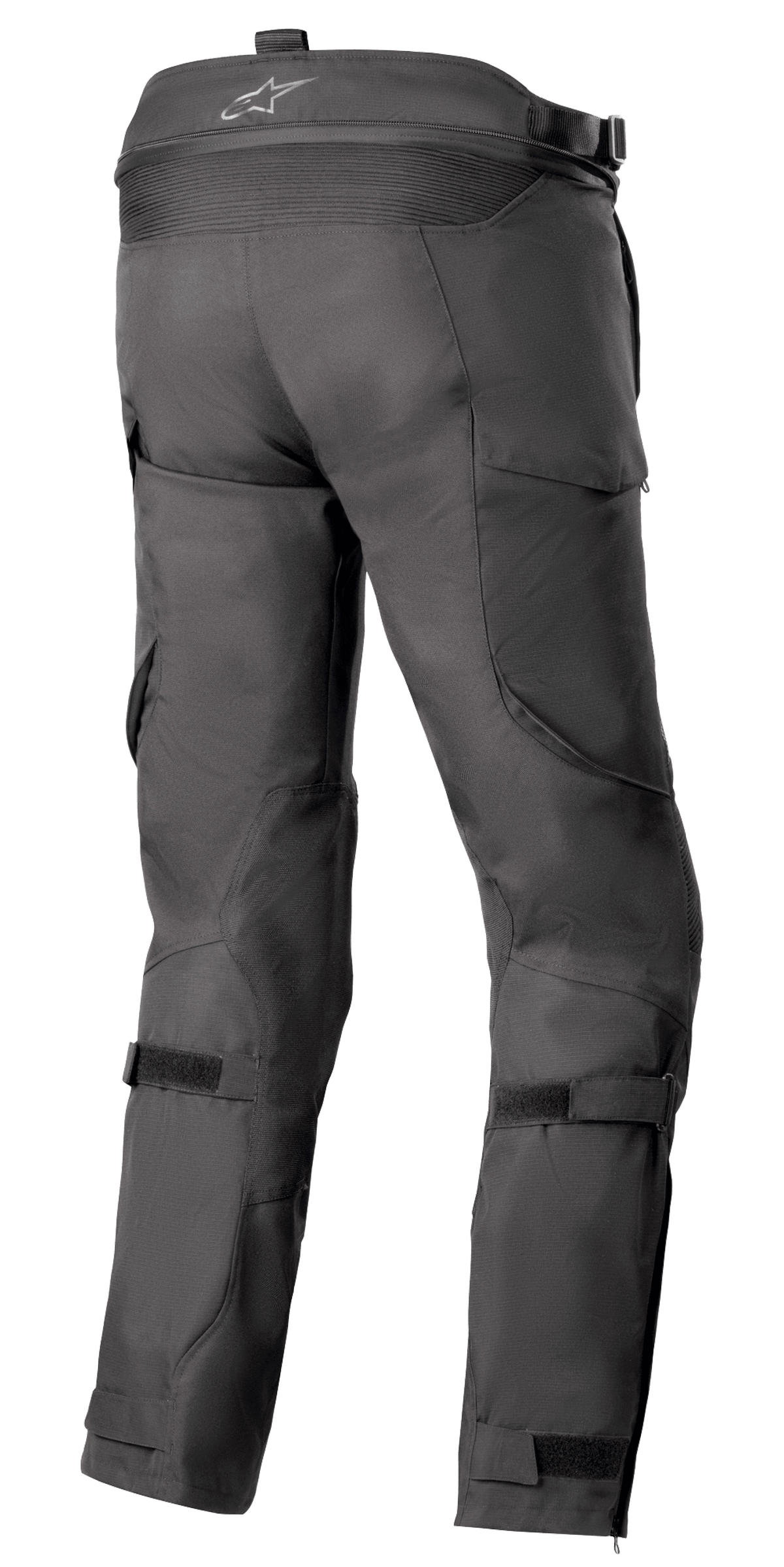 Pantalon Alpinestars Bogotá Pro Drystar® 4 Saisons - Long, pantalon de moto en textile noir, vue arrière mettant en évidence les sangles de réglage à la taille et aux mollets, coupe ergonomique pour la conduite d'aventure