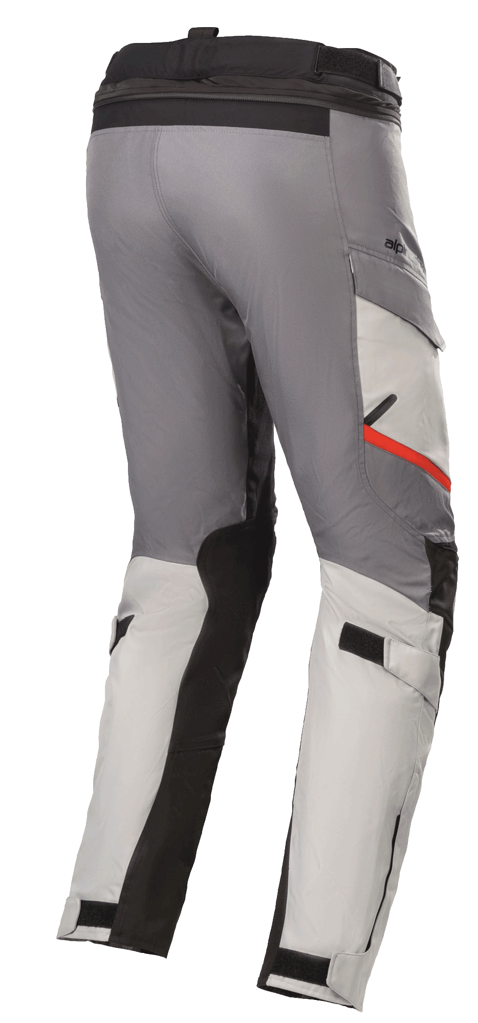 Alpinestars Andes V3 Drystar® Pants, pantalon de touring moto, gris glacier et gris foncé, avec empiècements de renfort noirs et une touche de rouge sur la poche, sangles de réglage à la taille et aux mollets, construction textile durable pour le pilotage d'aventure