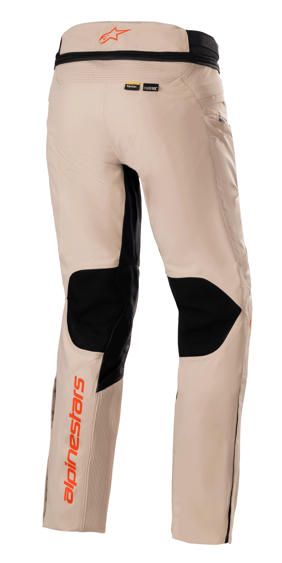 Alpinestars AMT-10R Drystar® XF Pants, Adventure Touring Pants, Pale Brown, rear view featuring large black mesh panels on the back of the knees, orange Alpinestars logos on the waistband and lower leg, and Kevlar and MATRYX material branding.