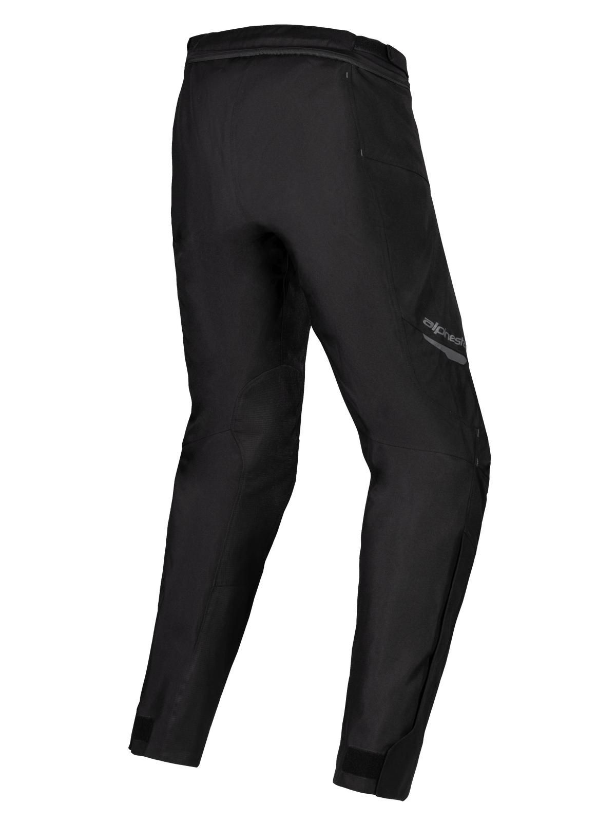 Pantalon imperméable Alpinestars Stella ST-1, pantalon de moto pour femme, noir, vue de trois-quarts arrière montrant des jambes préformées, construction textile avec fermeture éclair de connexion à la taille et ajusteurs aux chevilles, équipement de touring d'aventure