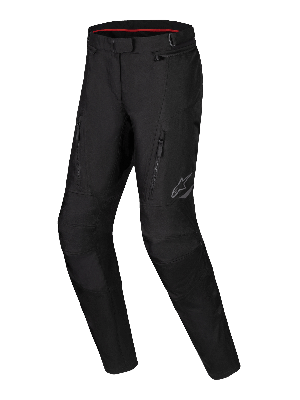 Alpinestars Stella ST-1 Waterproof Pants, pantalon de moto touring aventure pour femme, noir, avec poches avant zippées, empiècements renforcés aux genoux et logo Alpinestars réfléchissant sur la cuisse, construction textile imperméable avec jambes préformées