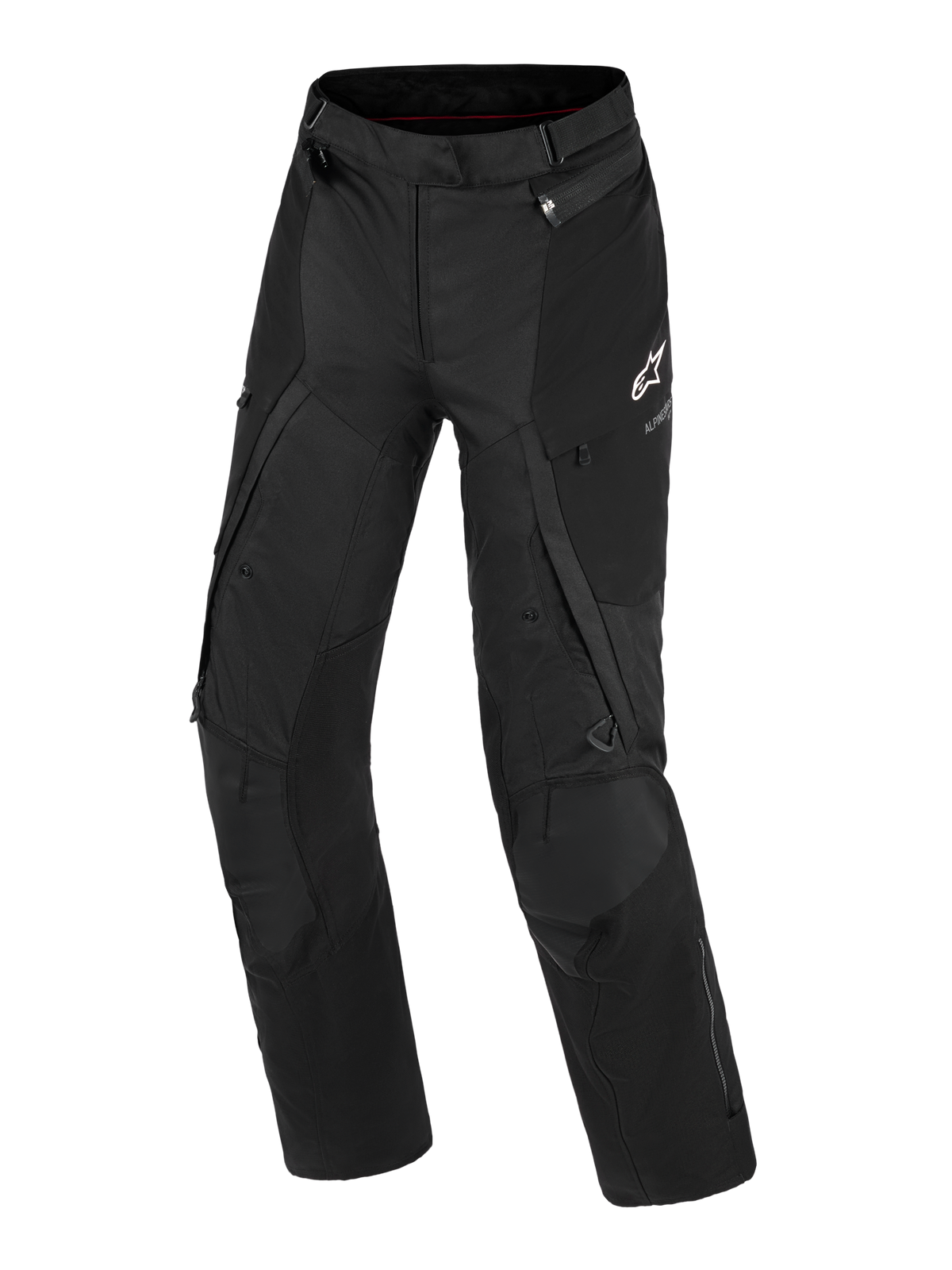 Pantalon Alpinestars Stella Andes V4 Drystar®, pantalon de moto d'aventure pour femme, noir, vue de face montrant la construction en textile technique, logo Alpinestars blanc sur la cuisse gauche, poches cargo et fermetures éclair de ventilation, équipement de conduite durable toutes saisons