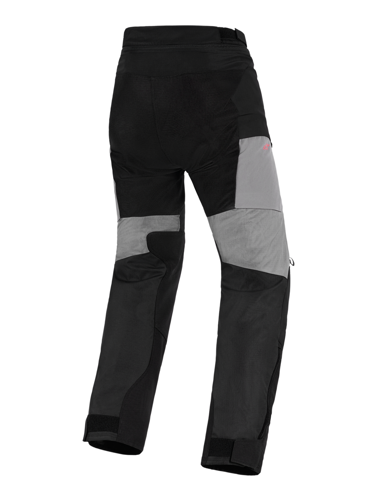 Pantalon Alpinestars Stella Andes V4 Drystar®, pantalon de moto d'aventure pour femme, noir et gris foncé, vue arrière avec panneaux gris à l'arrière des jambes, renforts ripstop durables sur l'assise et zones extensibles pour la mobilité, conception textile imperméable.