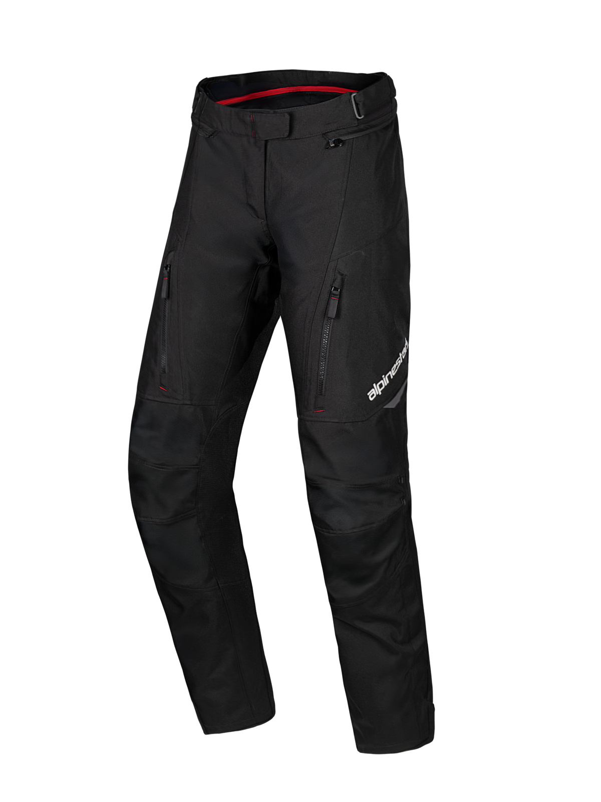 Pantalon imperméable Alpinestars Honda Stella ST-1, pantalon de moto touring pour femme noir, doublure intérieure de la taille rouge, deux poches verticales zippées sur les cuisses, logo Alpinestars sur la jambe, équipement d'aventure en textile durable
